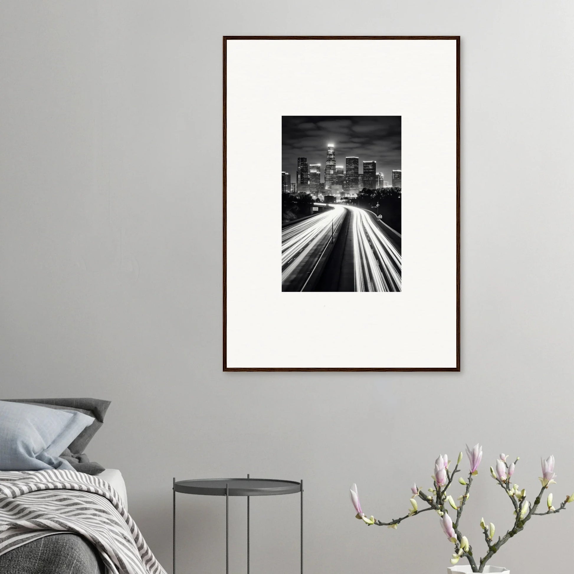 Framed wall art of city skyline with light trails, perfect for any steel framed wall