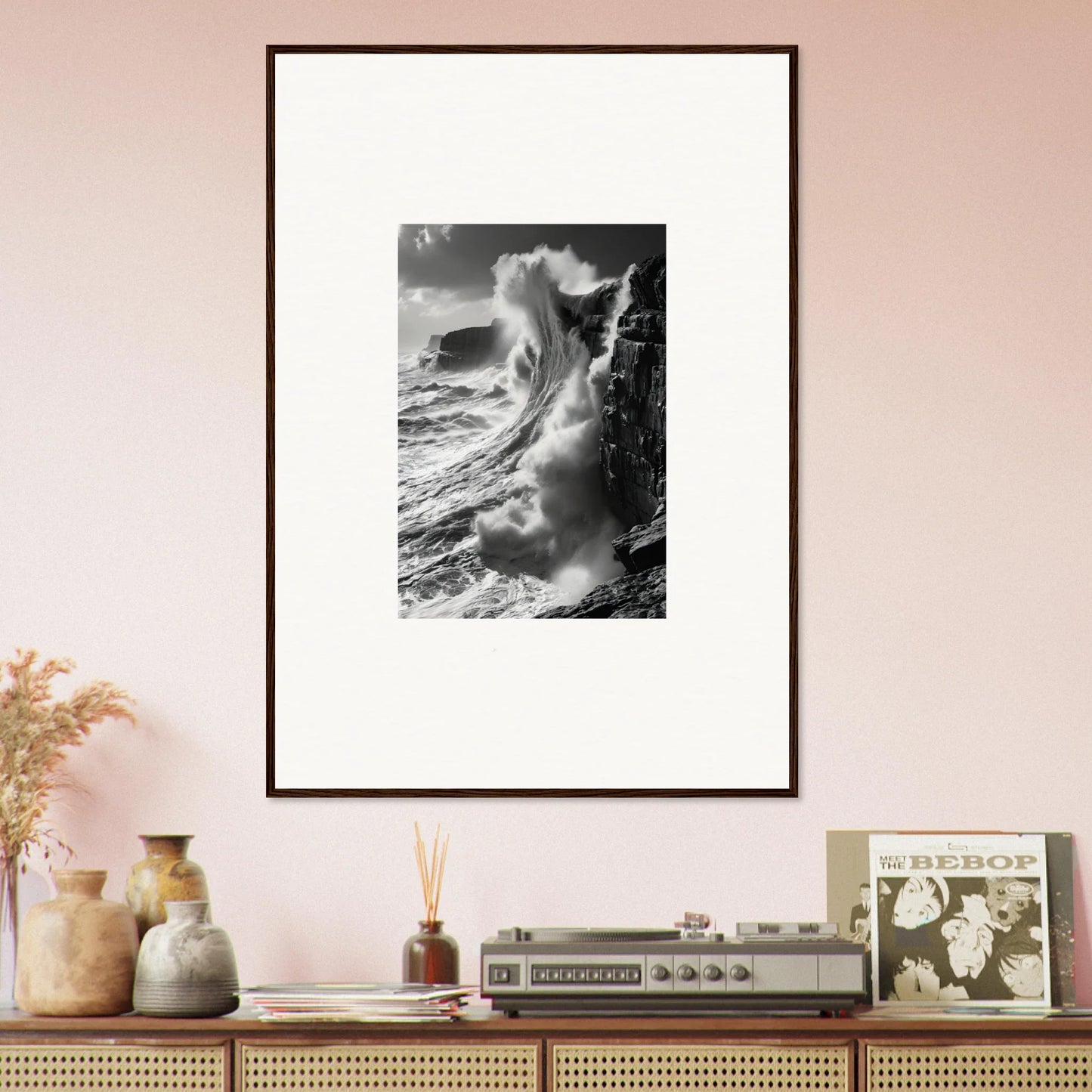 Framed black and white photo of ocean wave in Tidal Curved Reality special edition art™