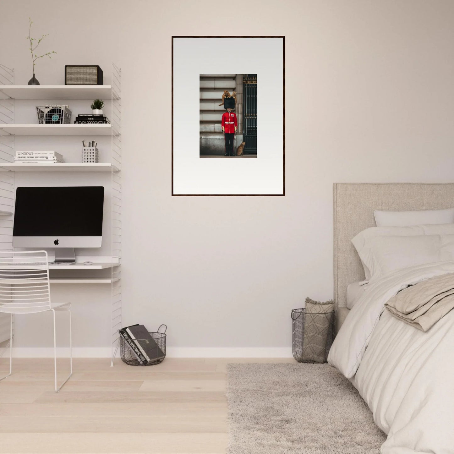 Minimalist bedroom with white shelves, iMac, and framed poster in Sensational Sentinels Playground