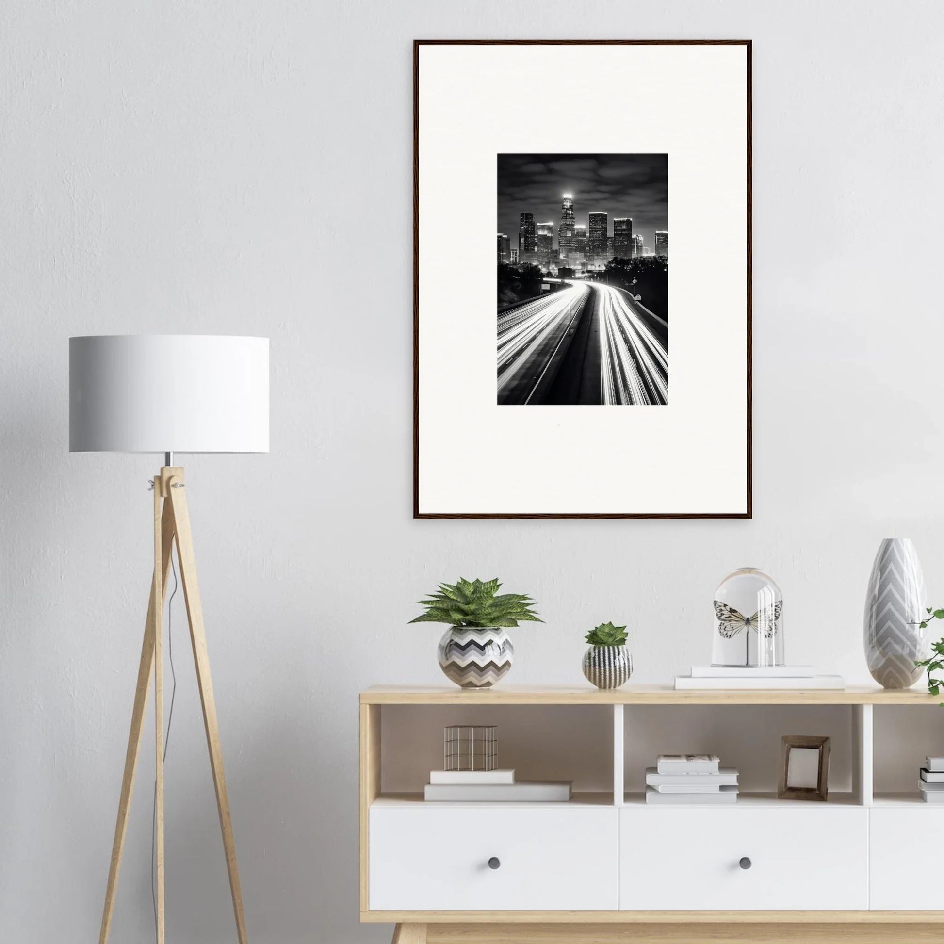 Black and white framed wall art of a cityscape with light trails, Steel Framed Wall design