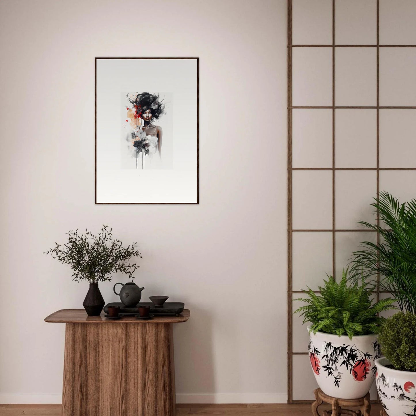 Abstract black and orange watercolor art in a frame from Plume Sultry Reverie