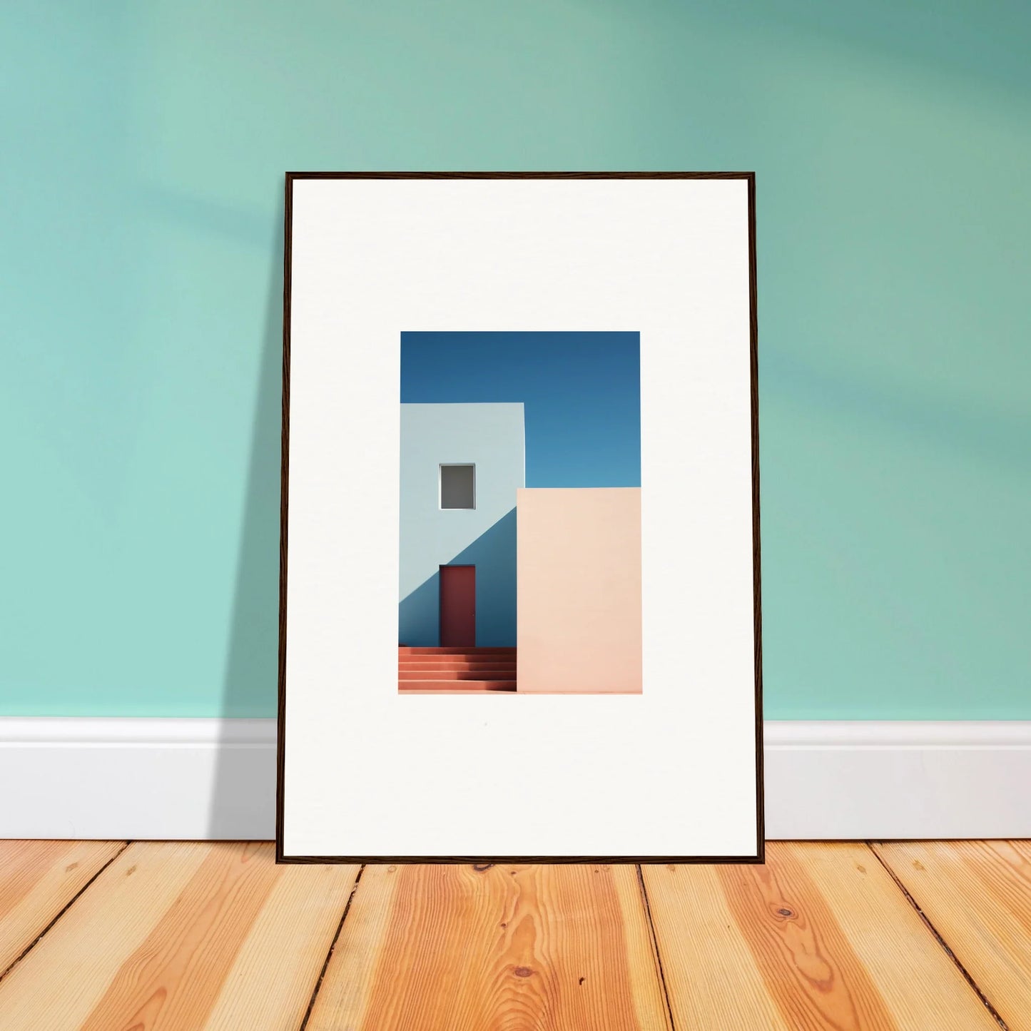 Framed minimalist photograph of white walls and red door, perfect for a premium framed wall