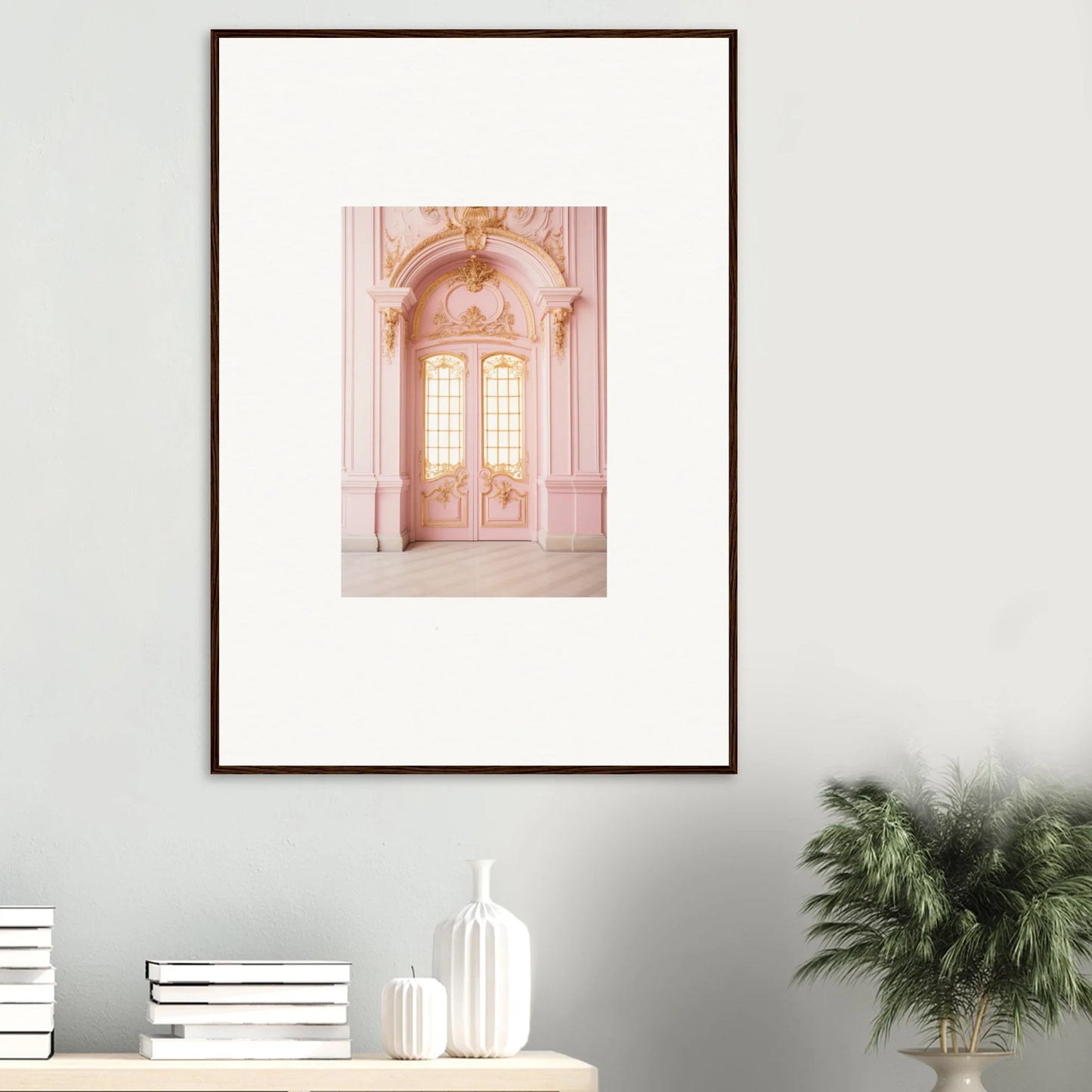 Framed wall art of an ornate pink archway in Ethereal Rose Haven style