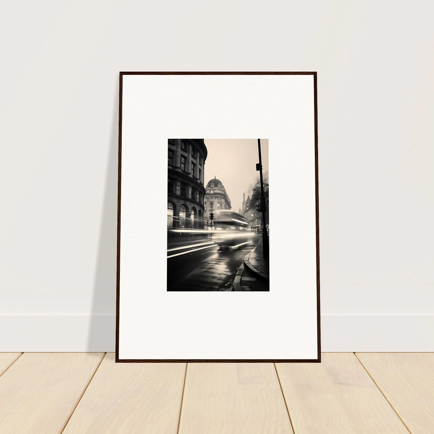 Framed black and white photo of a rainy city street from Ethereal Citypulse Reverie