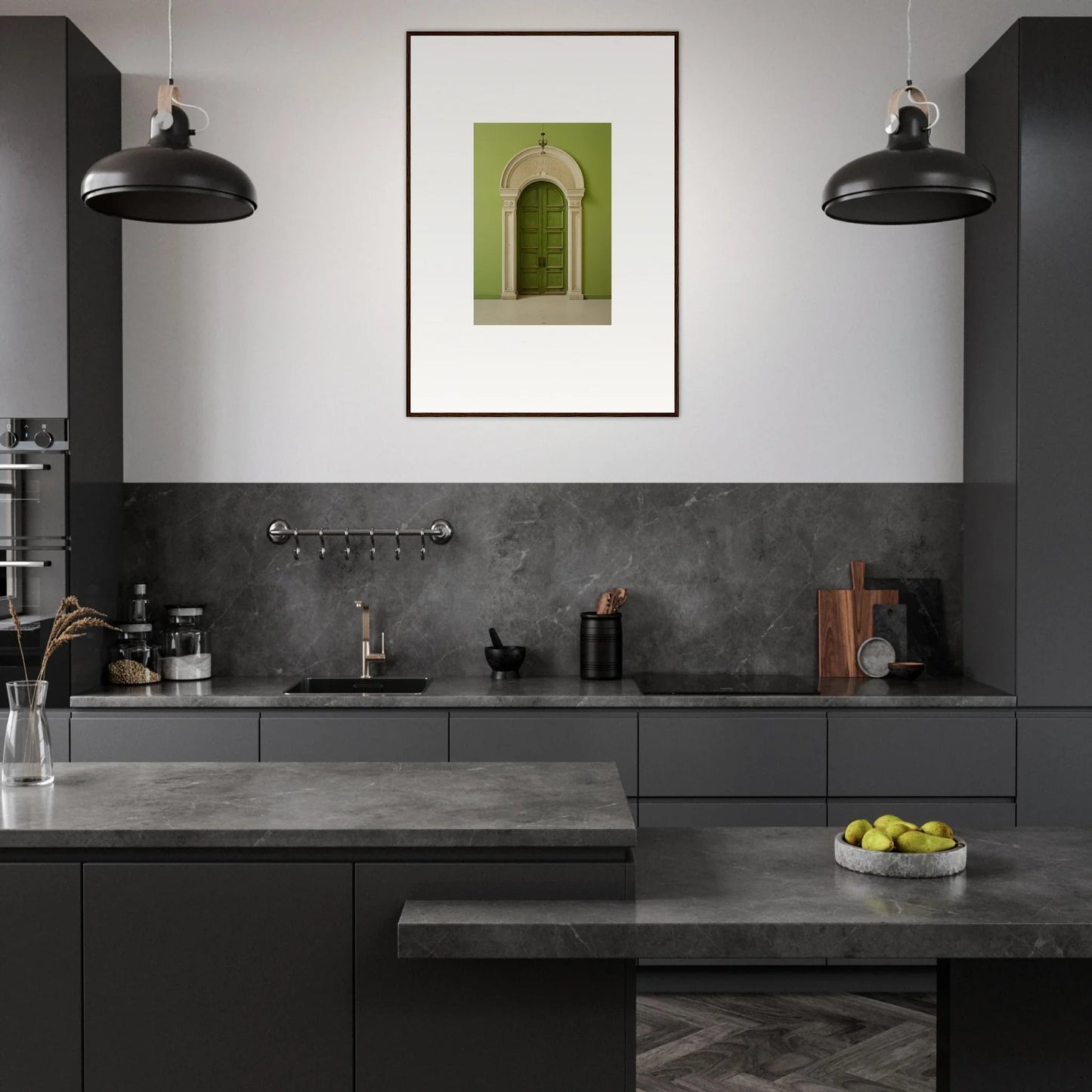 Modern dark grey kitchen featuring Verdant Luminary Portal framed wall art and sleek pendant lights
