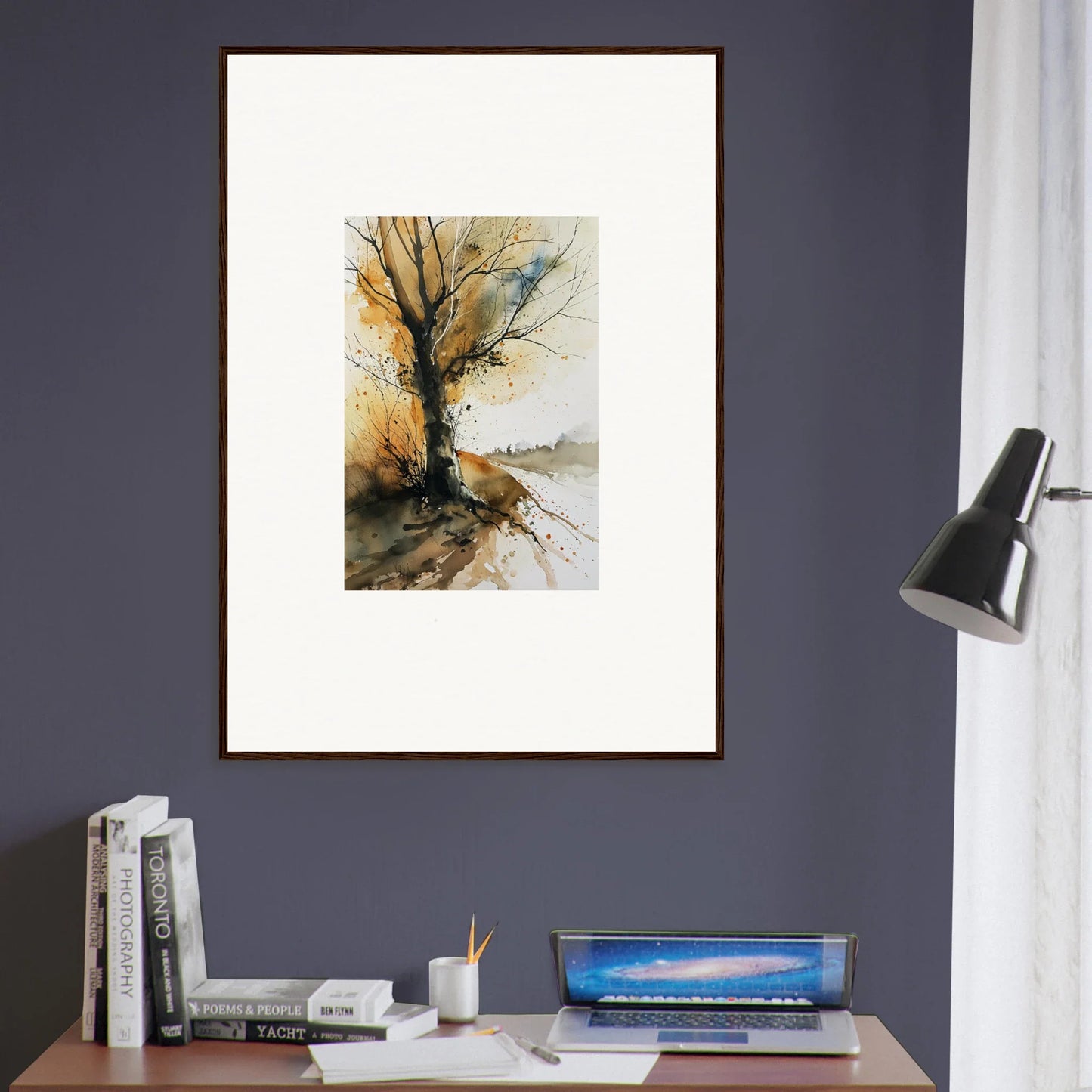 Framed watercolor wall art of a bare tree for stylish room decoration, Whispered Echoes