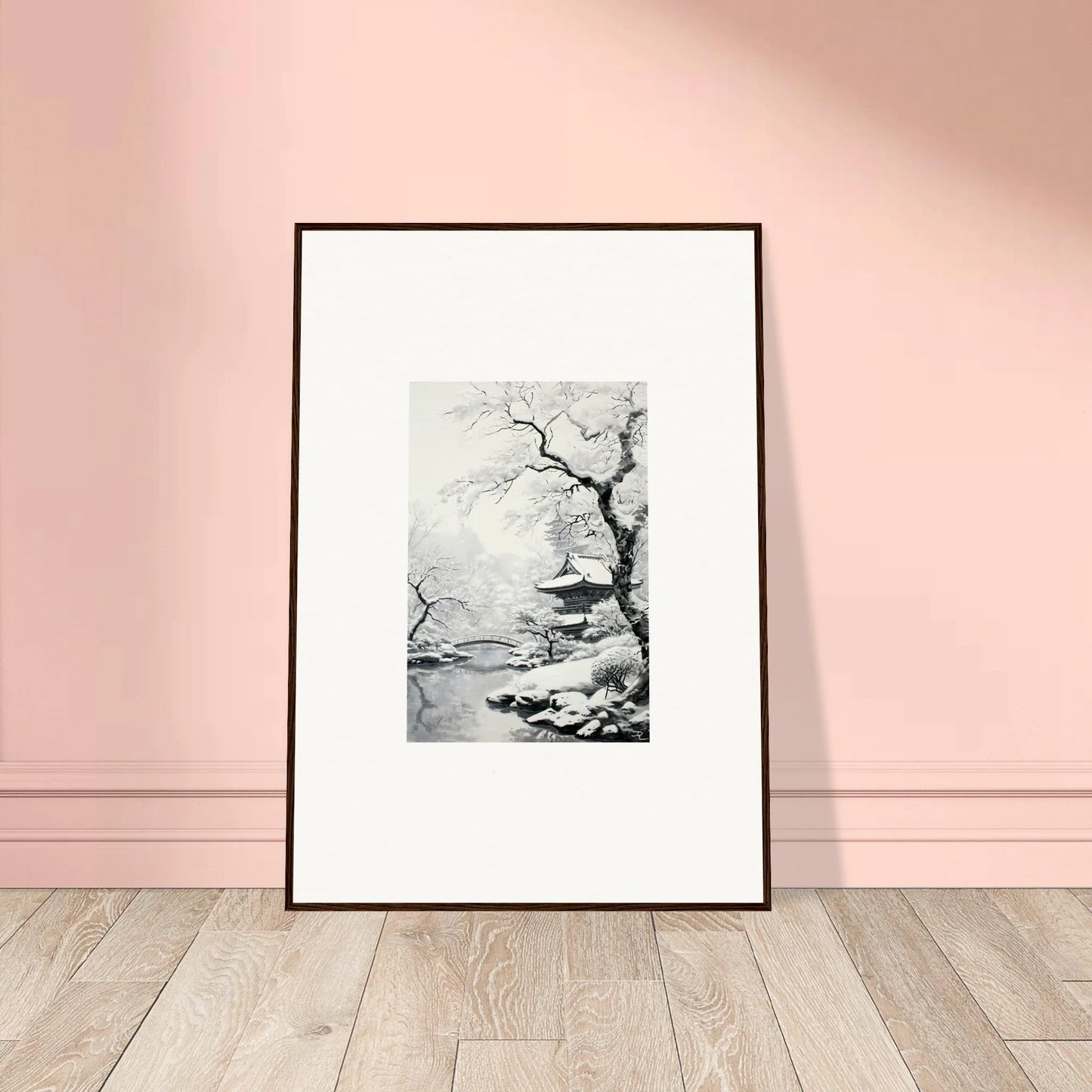 Framed black and white art of a winter tree by water from Winter Embrace Whisper