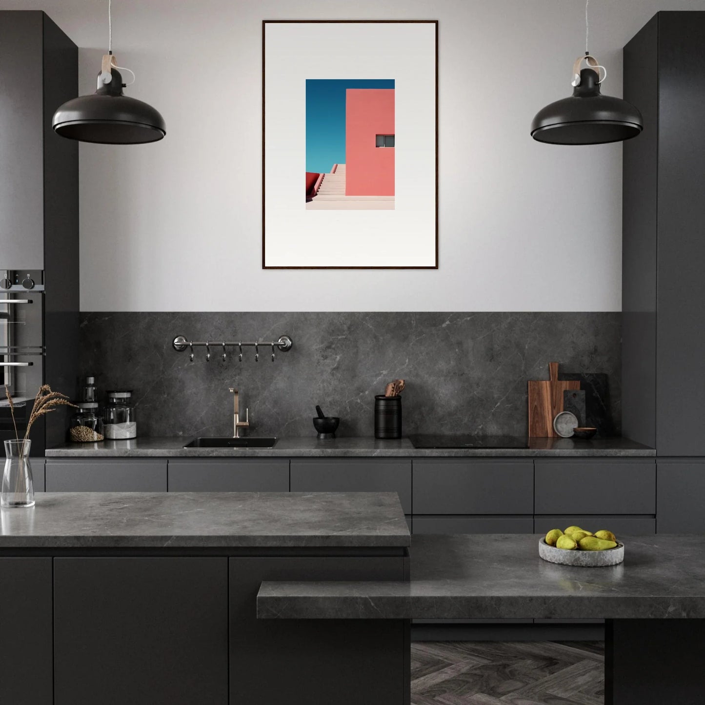 Modern dark gray kitchen featuring Cerulean Dream Ickles framed wall art and minimalist design