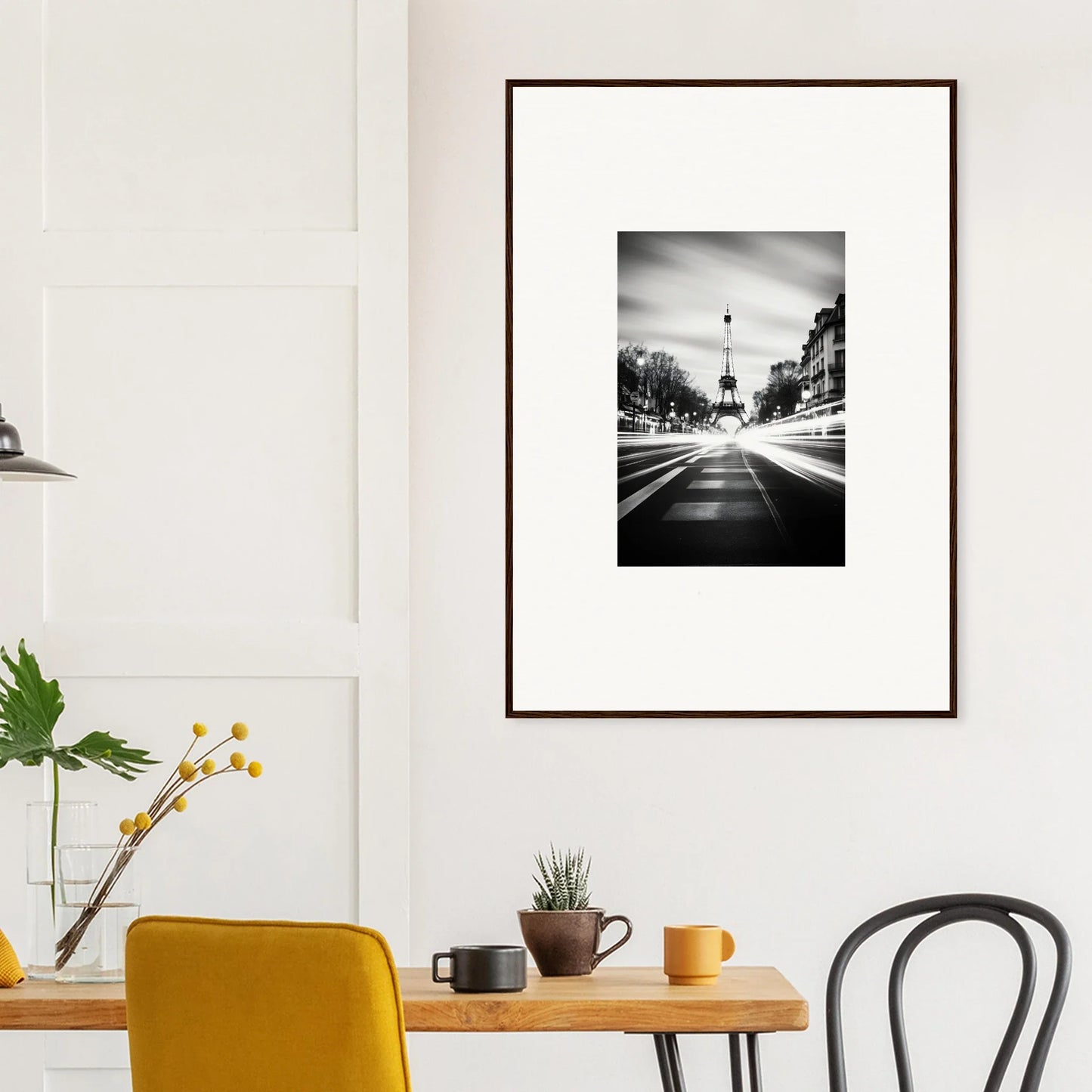 Framed black and white Eiffel Tower photo for Synth Wave Elysium wall art