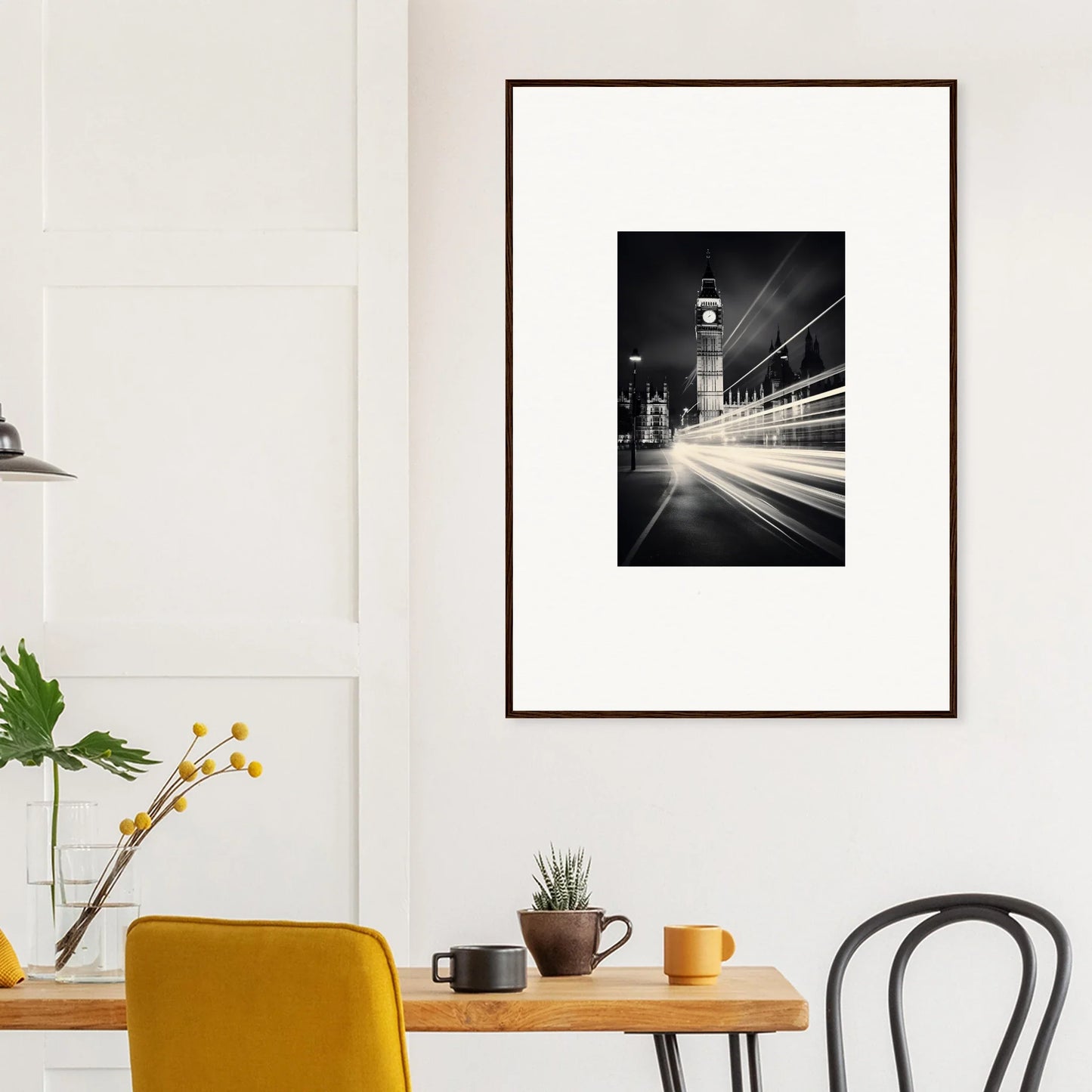 Framed wall art of Big Ben at night with light trails in Ephemeral Time Cascade design
