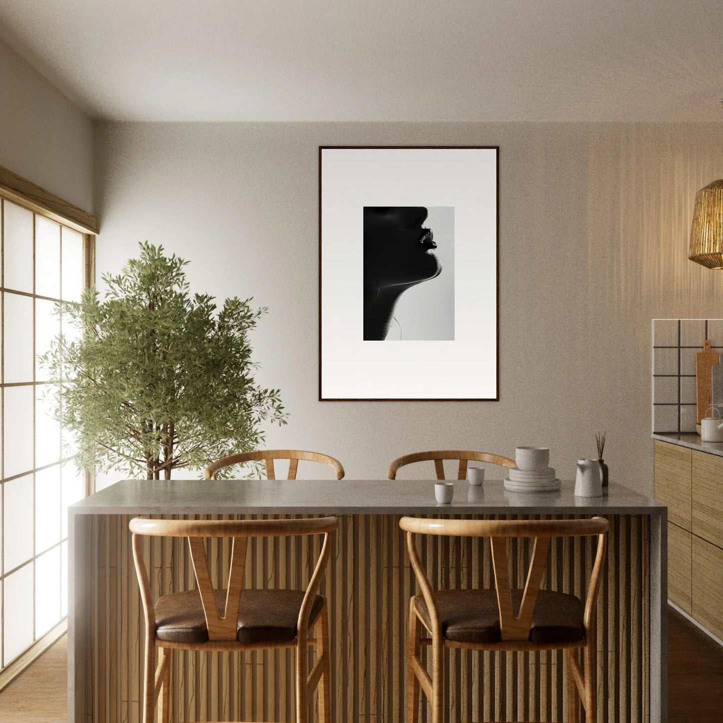 Minimalist dining table with wooden chairs and Ethereal Odyssey Sonata art above
