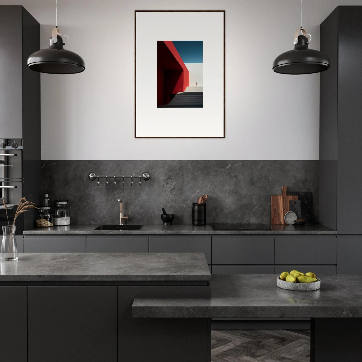 Modern minimalist kitchen with dark gray cabinetry perfect for Mesa Quizzes Cascades decor