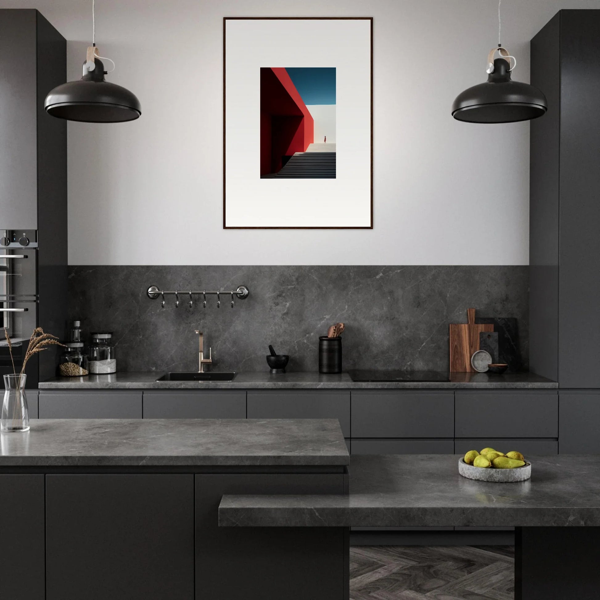 Modern minimalist kitchen with dark gray cabinetry perfect for Mesa Quizzes Cascades decor
