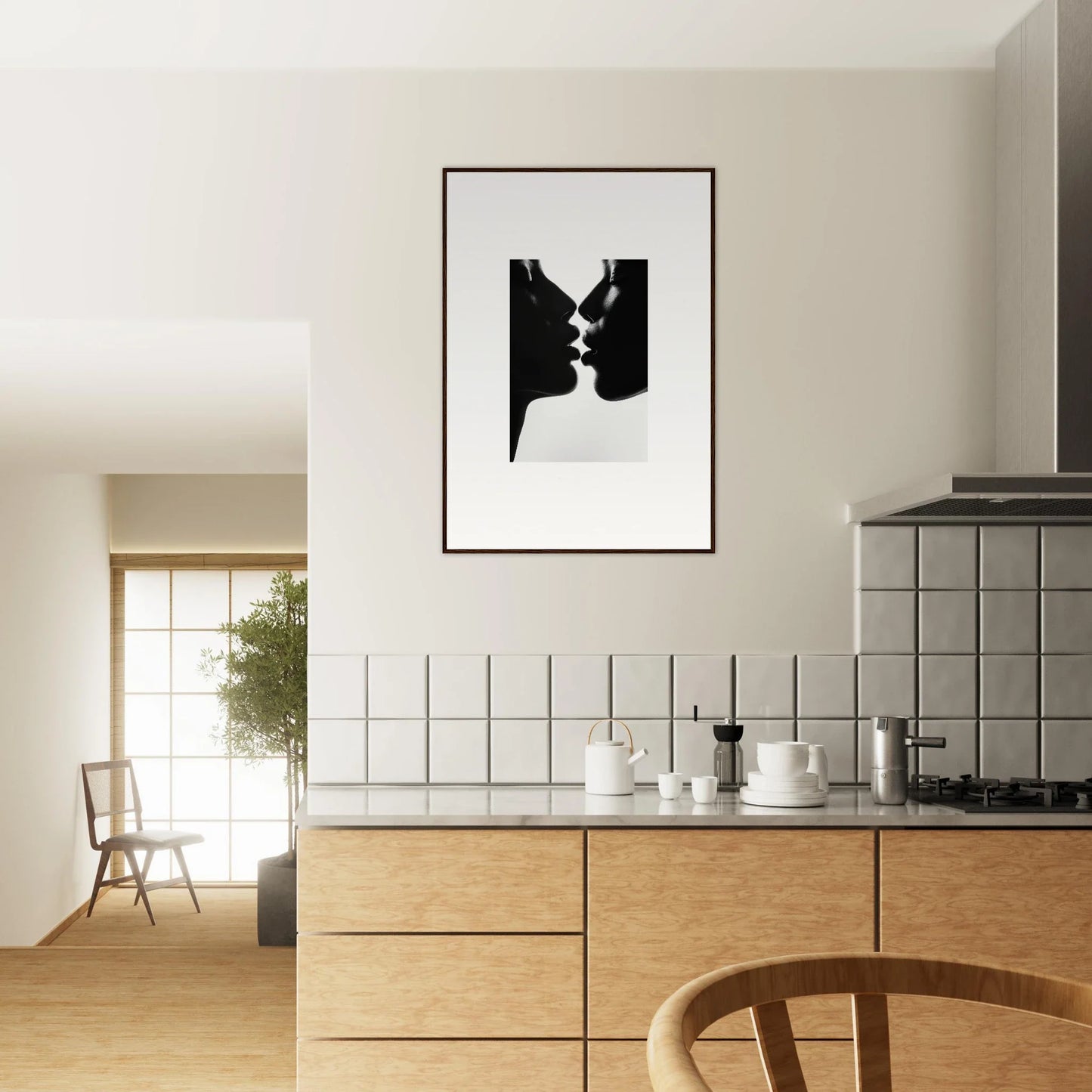 Black and white minimalist artwork of two profiles about to kiss, Luminous Midnight Kiss framed wall art