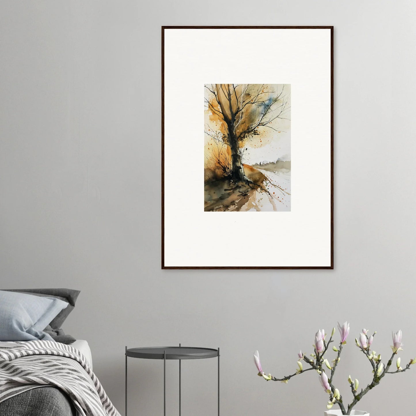 Framed watercolor painting of a bare tree with autumn colors for stylish room decoration