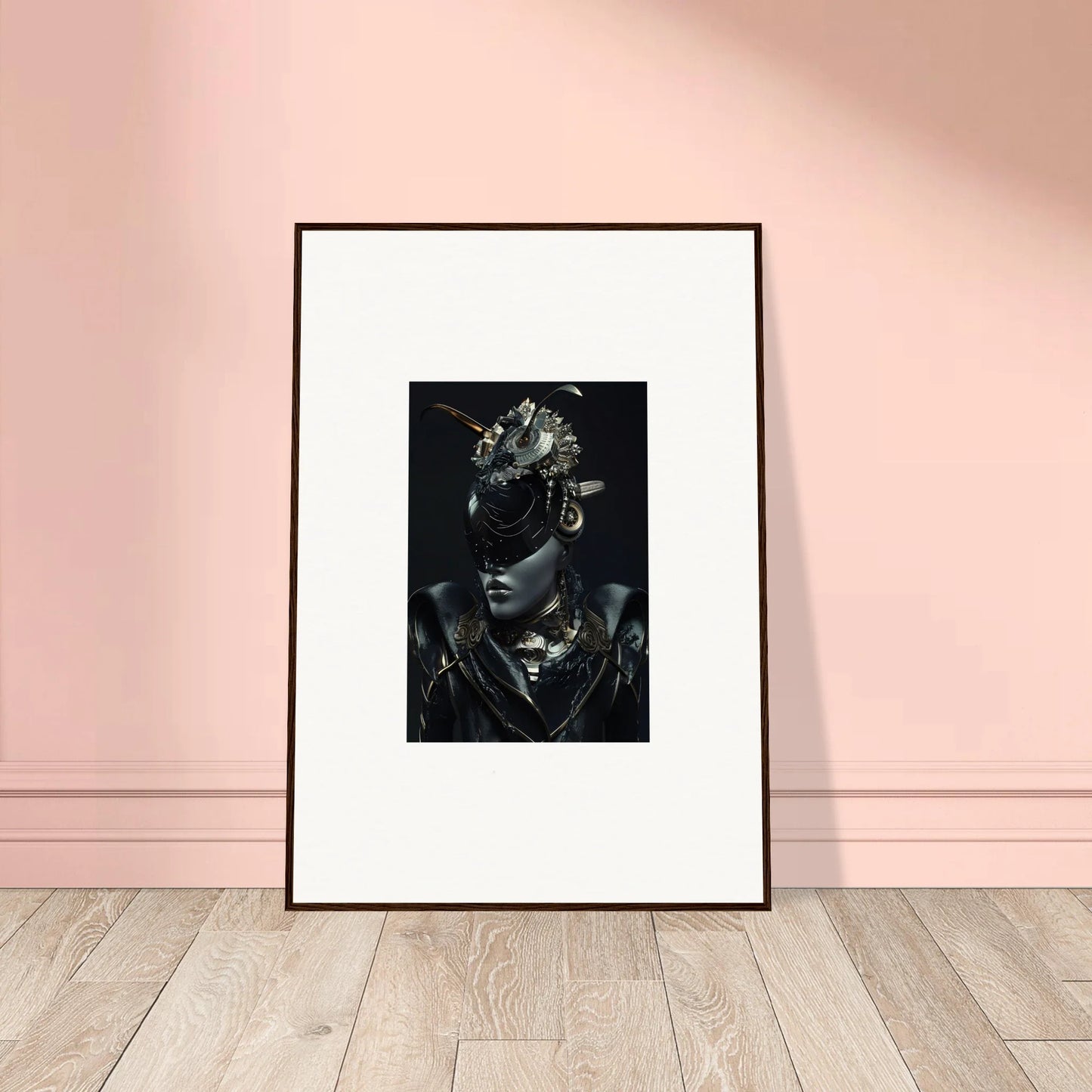 Framed black and white wall art of a person in a stunning headdress for room decoration
