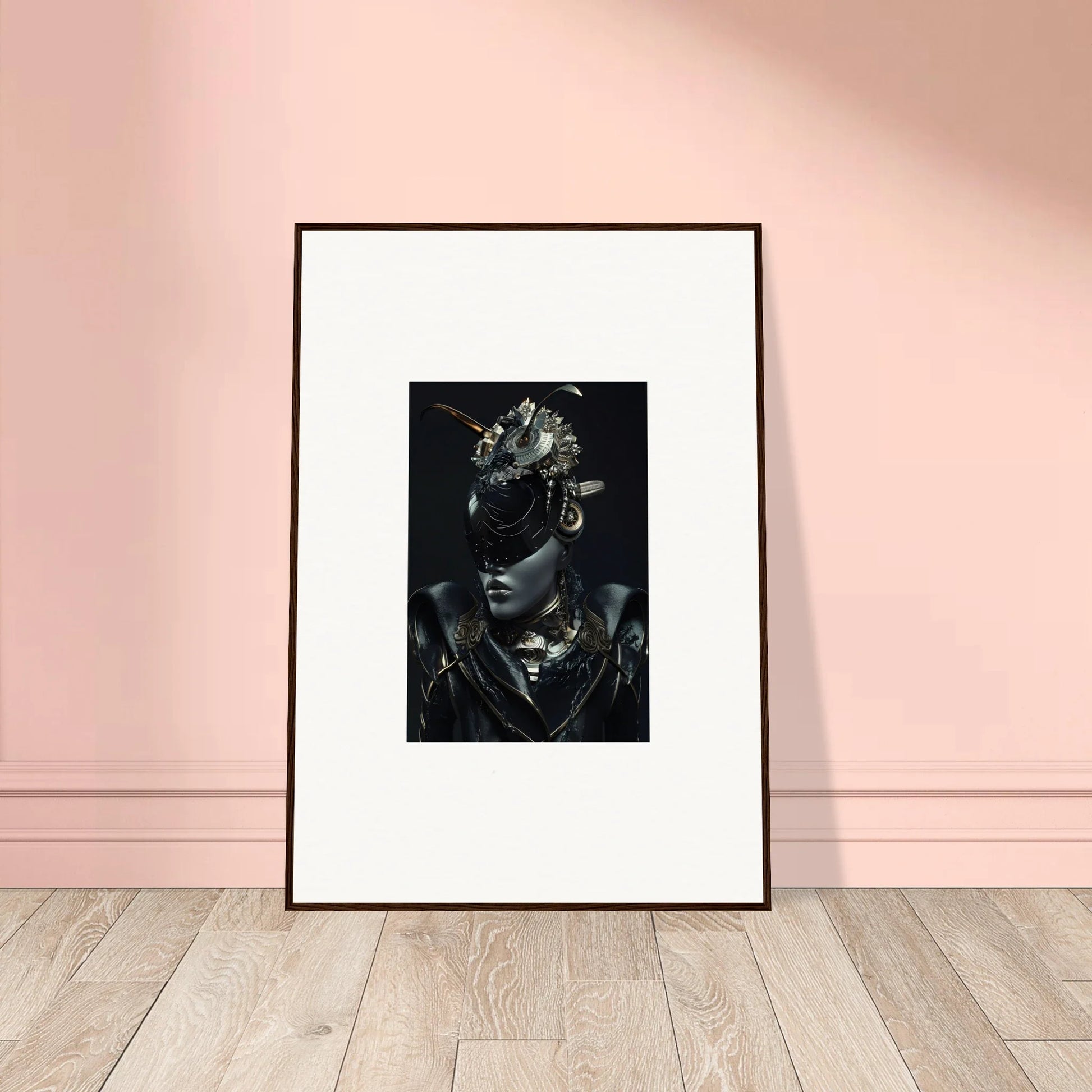 Framed black and white wall art of a person in a stunning headdress for room decoration