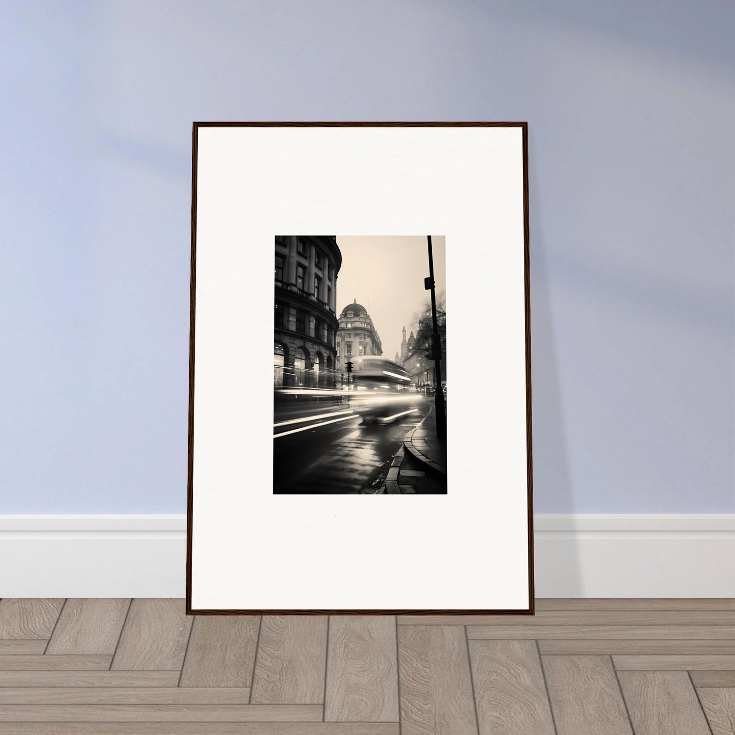 Framed black and white photo of rainy city street with light trails from Ethereal Citypulse Reverie
