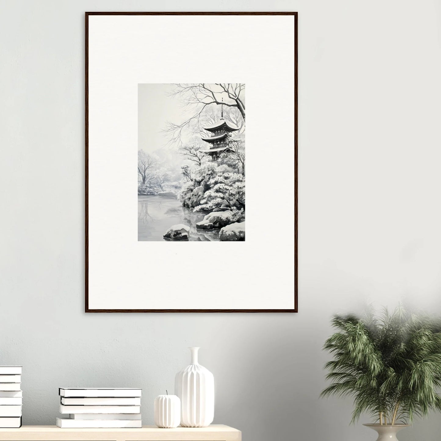 Framed wall art of a Japanese pagoda in winter for Crystallized Blossom Oasis
