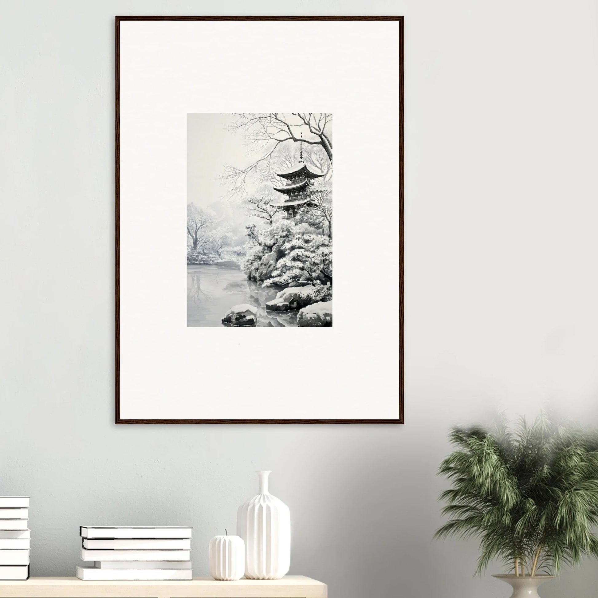 Framed wall art of a Japanese pagoda in winter for Crystallized Blossom Oasis