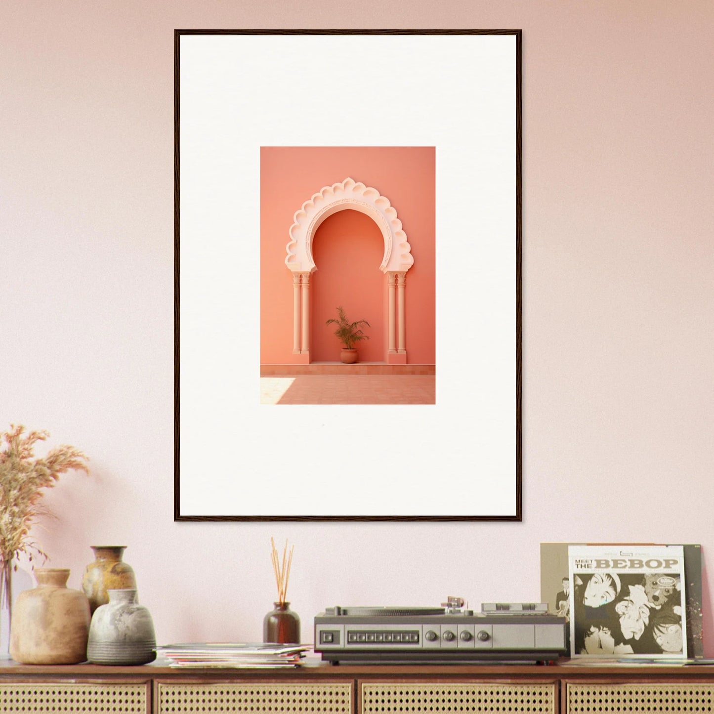 Framed wall art showcasing the Narco Échappatoire portal with a coral archway and plant
