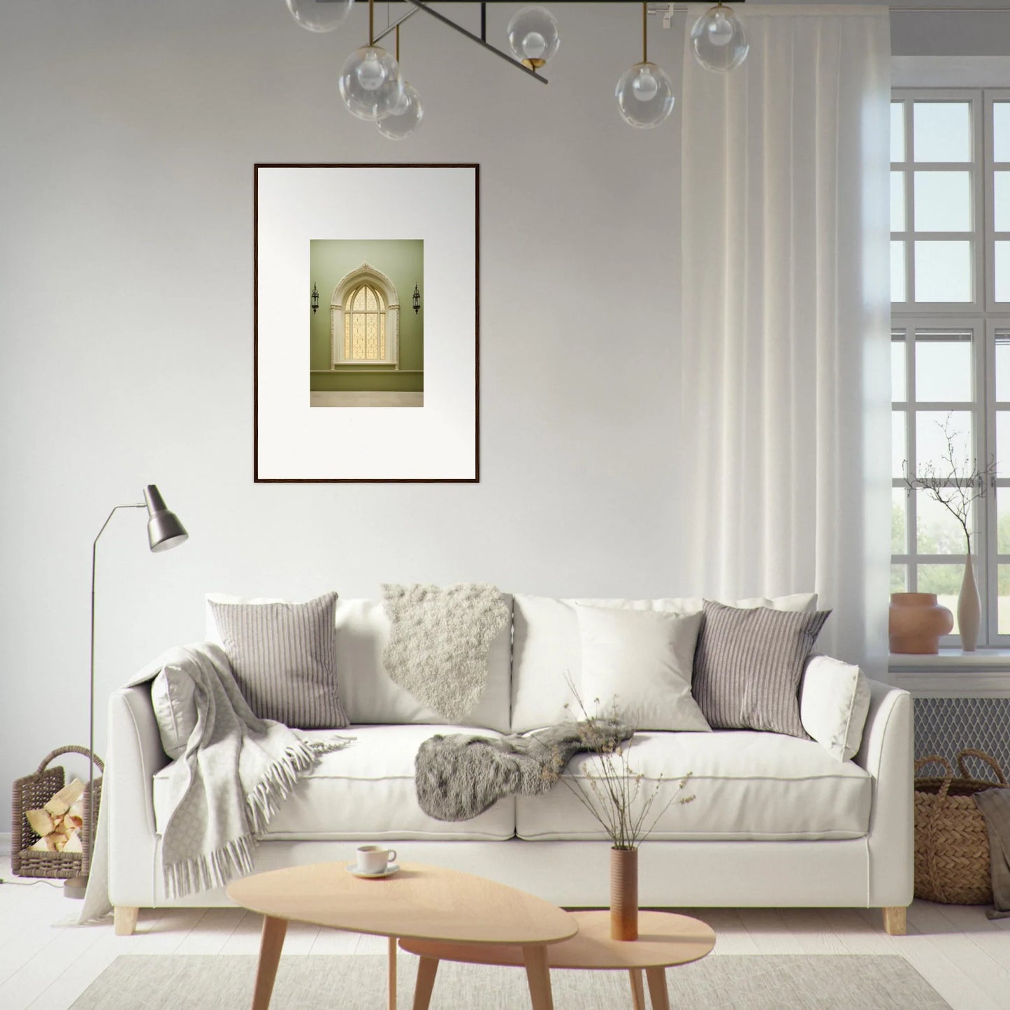 White upholstered sofa with gray pillows and blankets in Opalescent Tranquility Dwelling