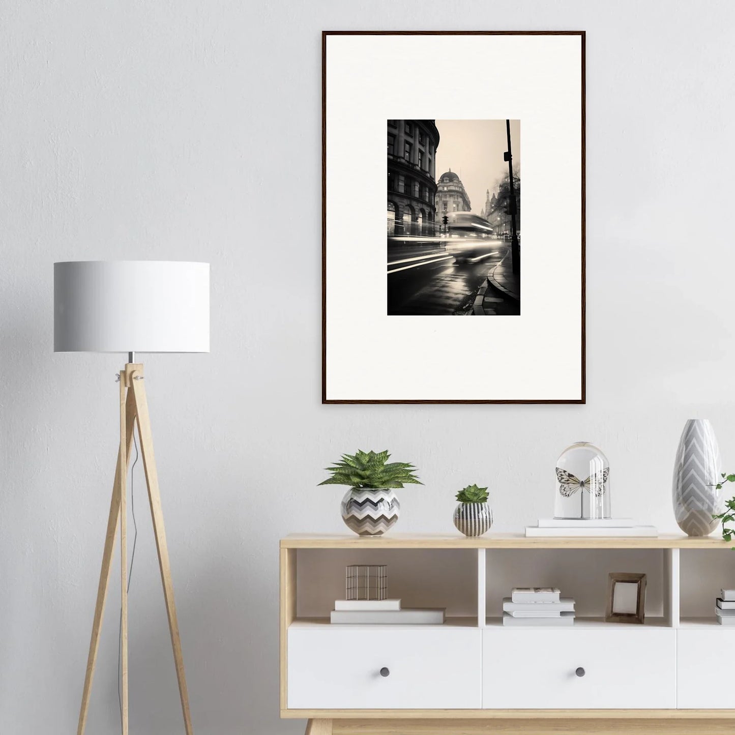 Black and white framed photo of a rainy city street for Ethereal Citypulse Reverie