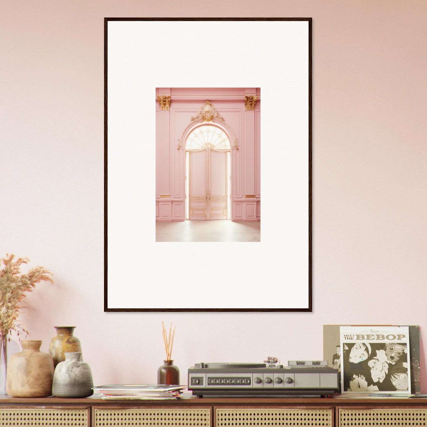 Framed wall art of a pink archway in Luminous Dreams Portal special edition art™