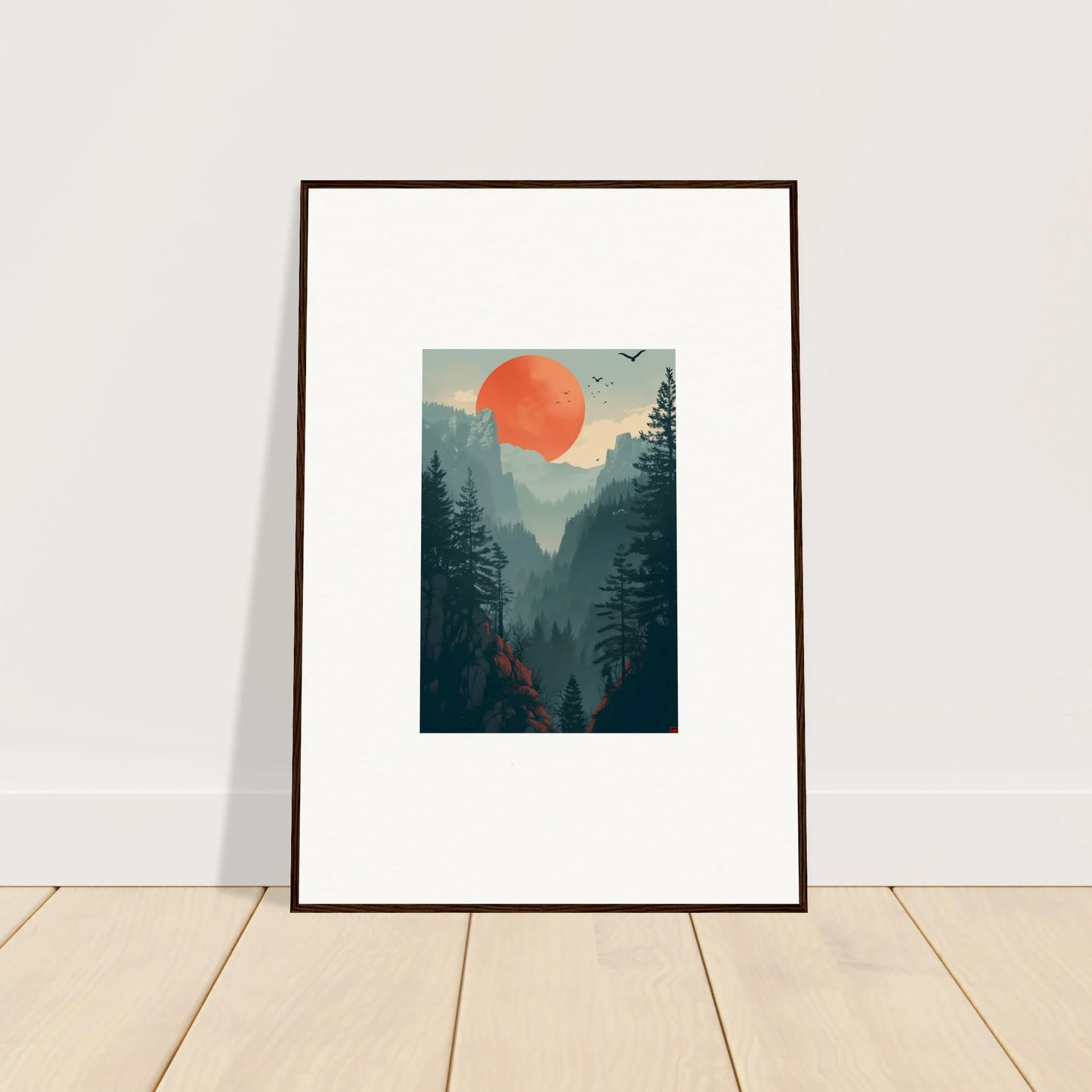 Framed wall art of a forest at sunset, perfect for room decoration or canvas print lovers
