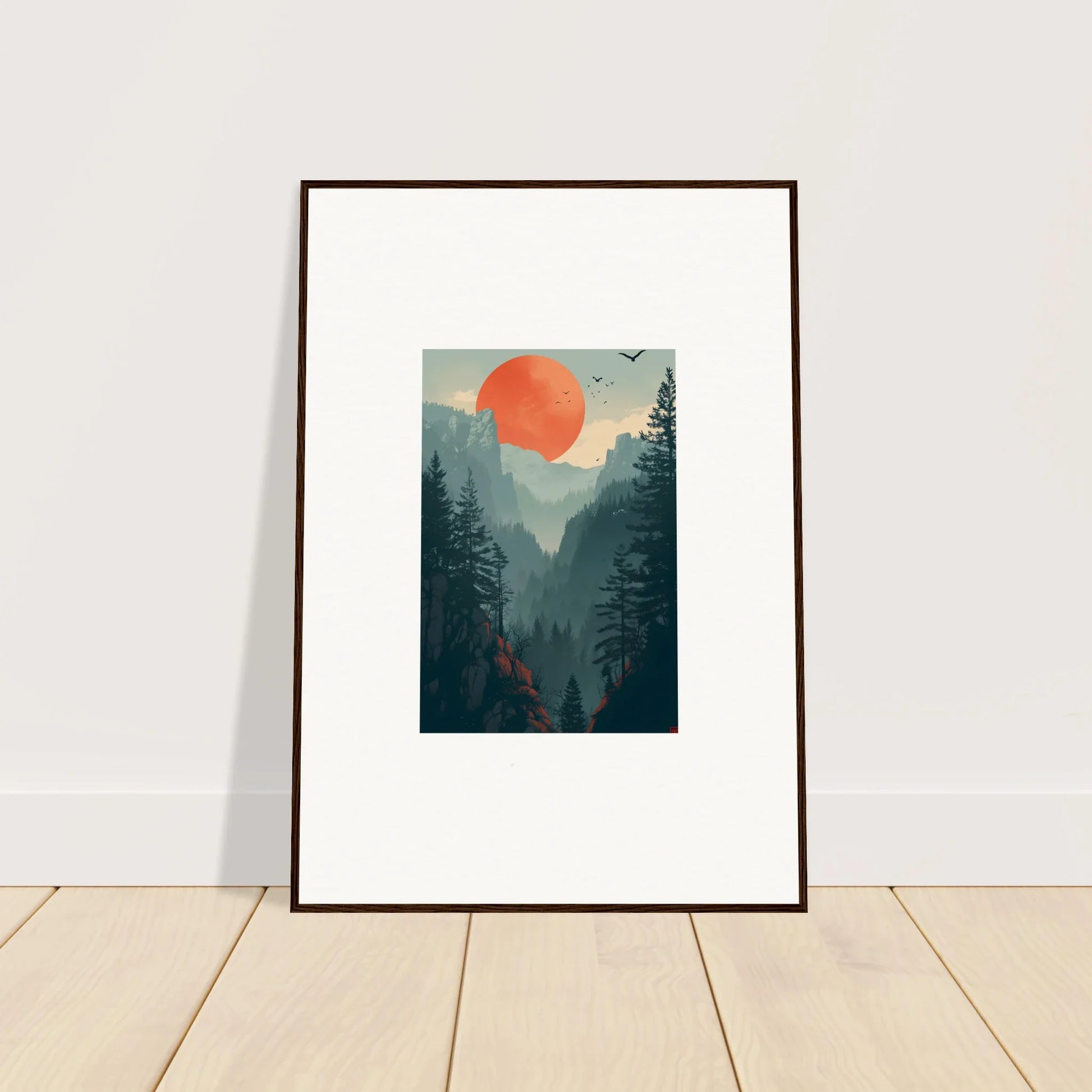 Framed wall art of a forest at sunset, perfect for room decoration or canvas print lovers