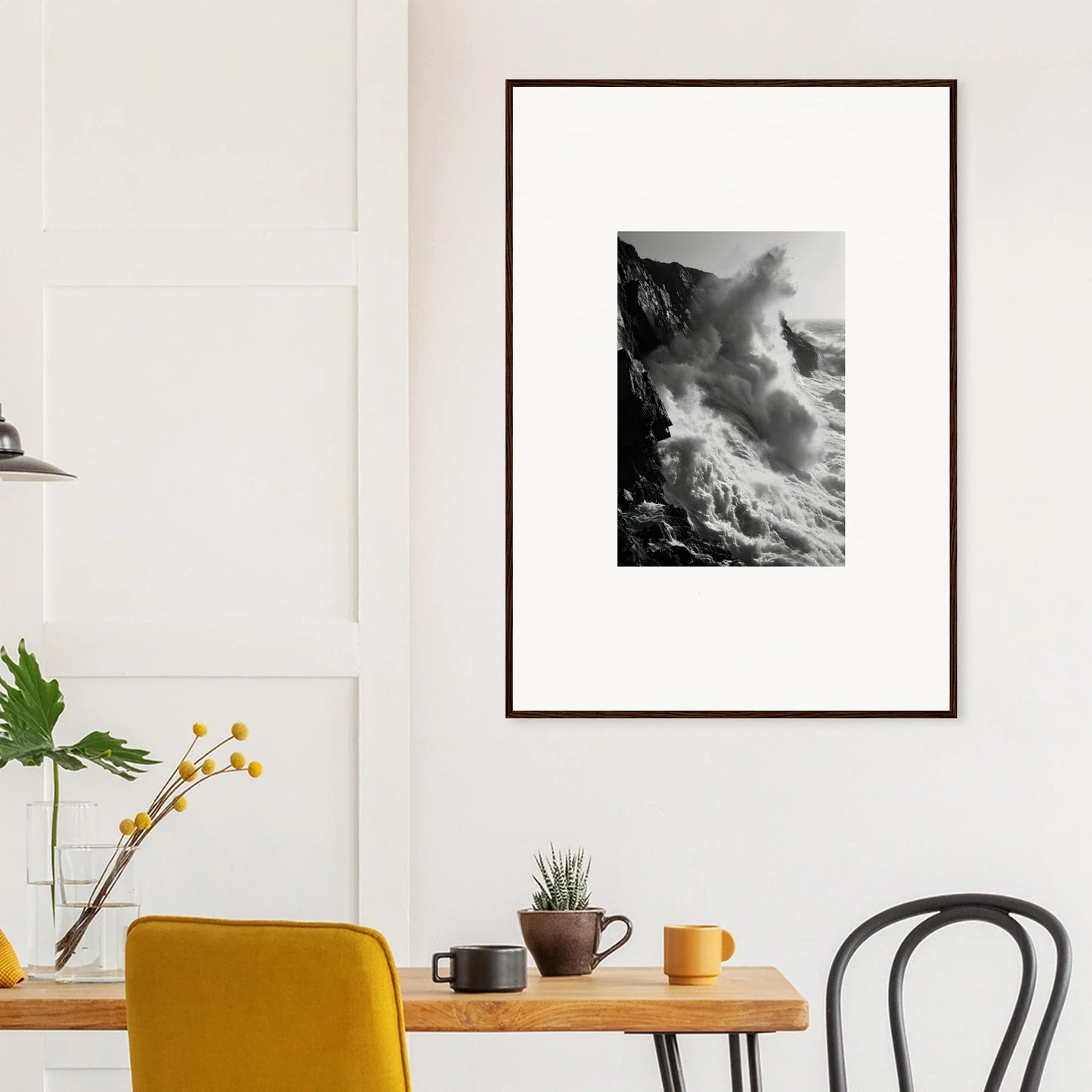 Framed black and white photo of crashing waves, part of Ephemeral Echoes Surge collection
