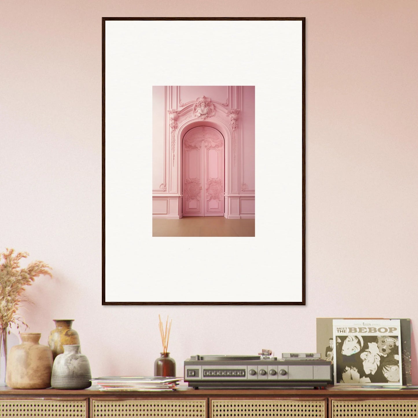 Framed art print of an ornate pink doorway from Gentle Whims Myths collection