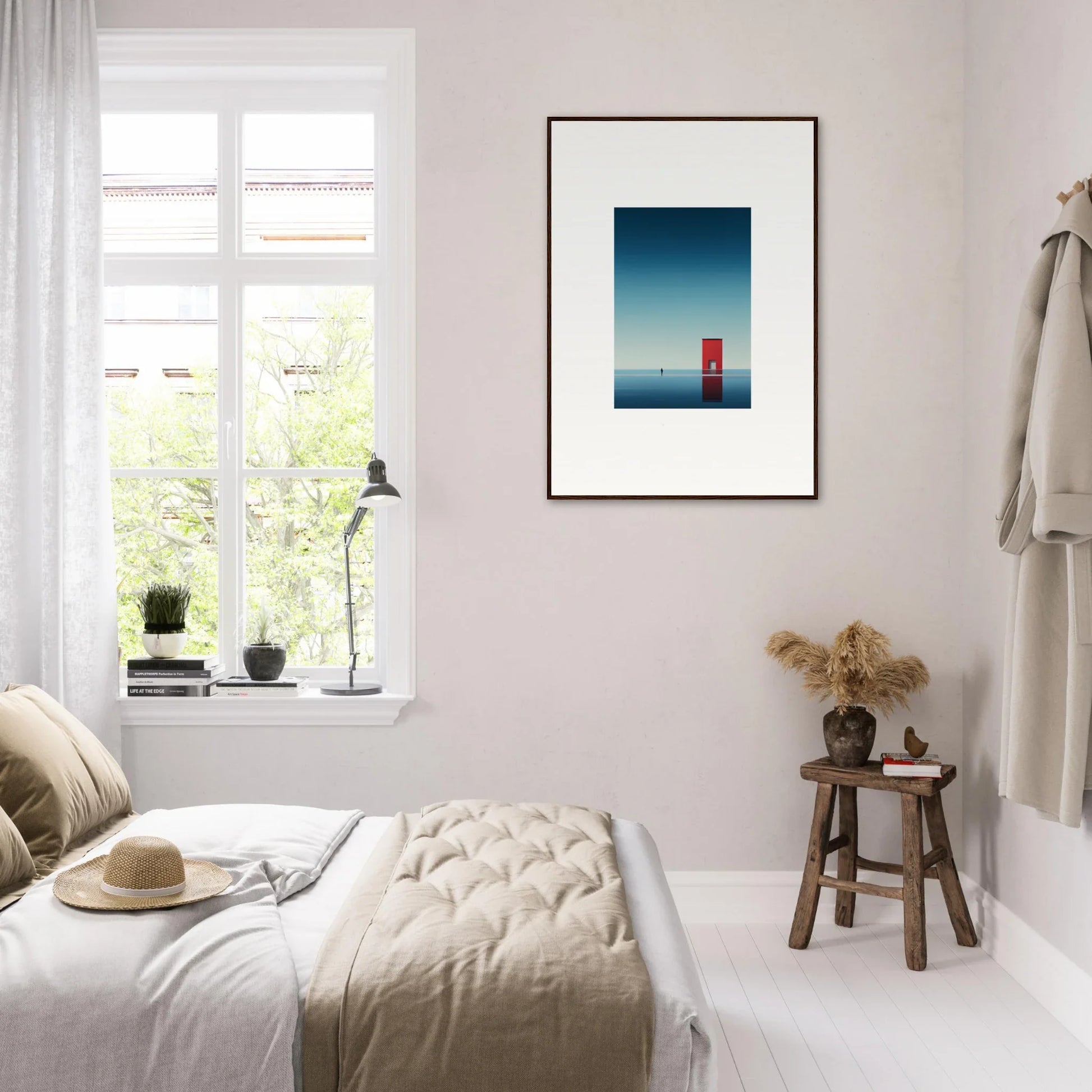 Minimalist bedroom with neutral tones and Open Horizon special edition art™ on the wall