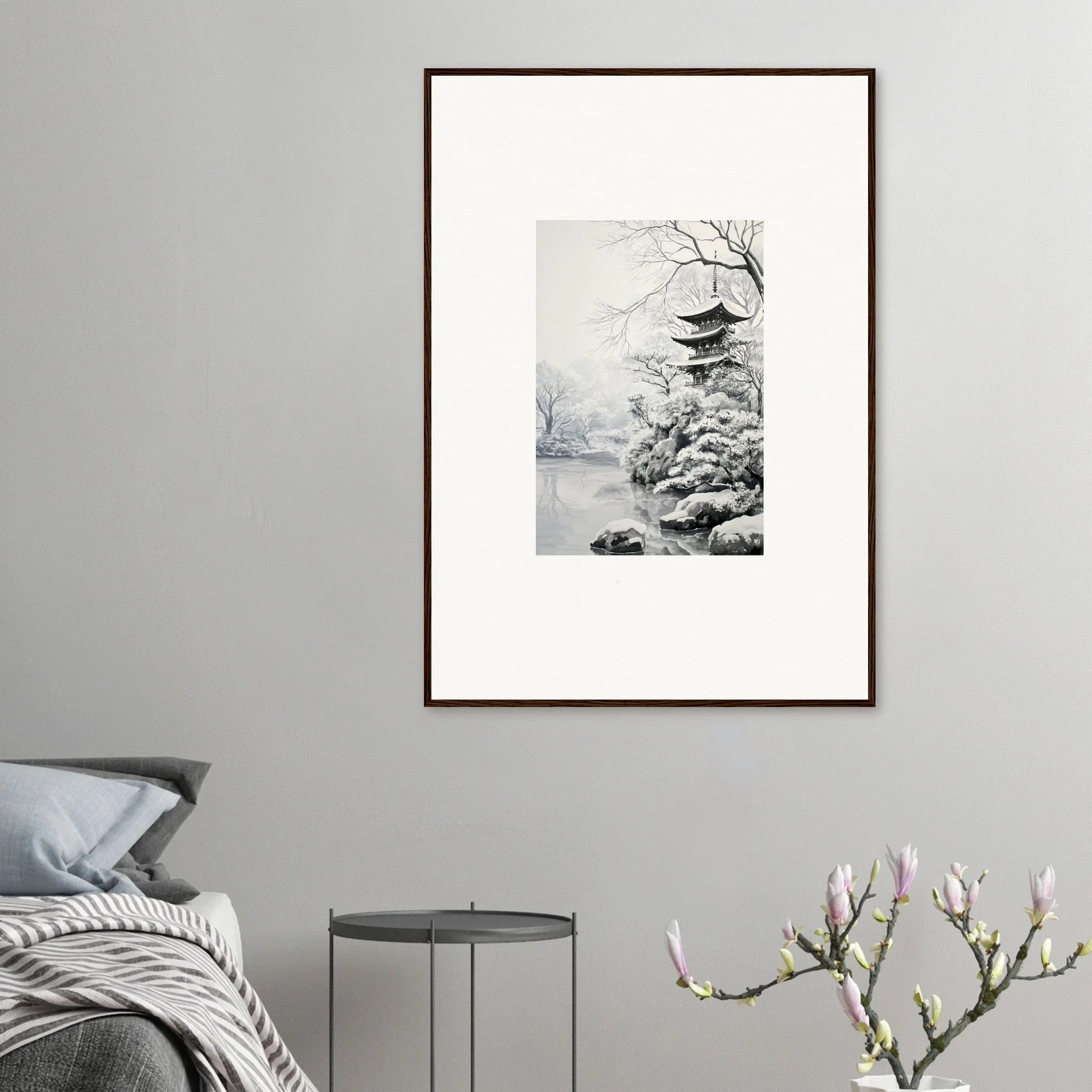 Framed wall art of a Japanese pagoda in snow, part of Crystallized Blossom Oasis