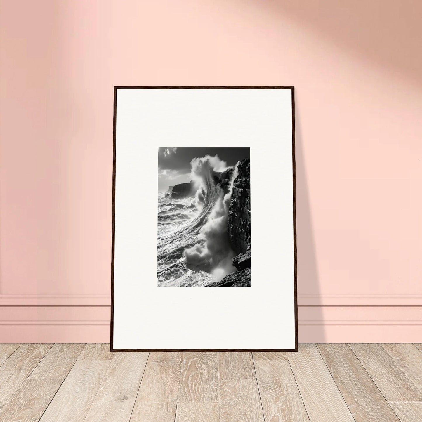 Framed black and white art of a wave crashing on a lighthouse in Tidal Curved Reality