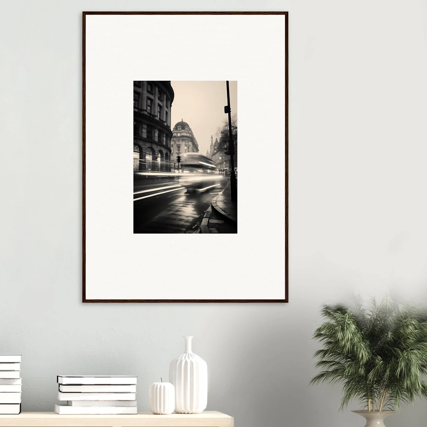 Framed black and white photo of a rainy city street from Ethereal Citypulse Reverie