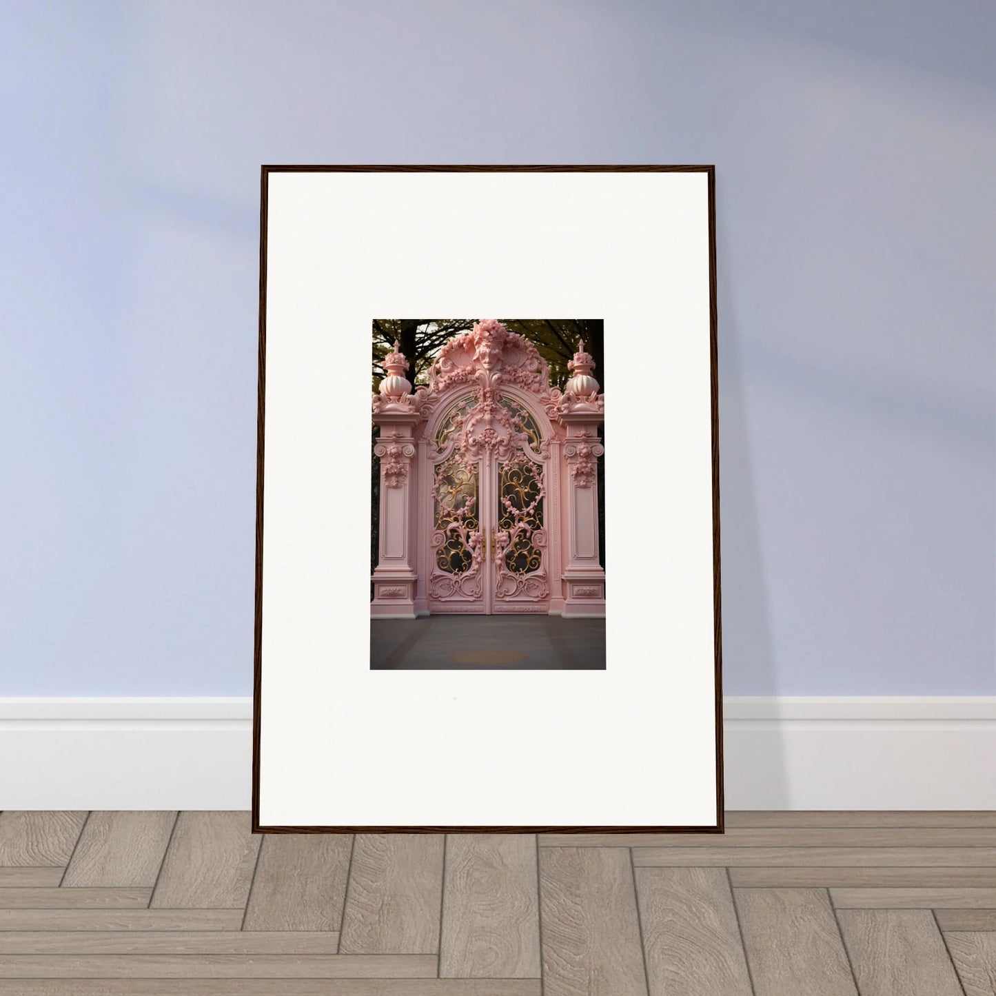 Framed photo of a stunning pink door with metalwork from Opulent Doorscape Divinity