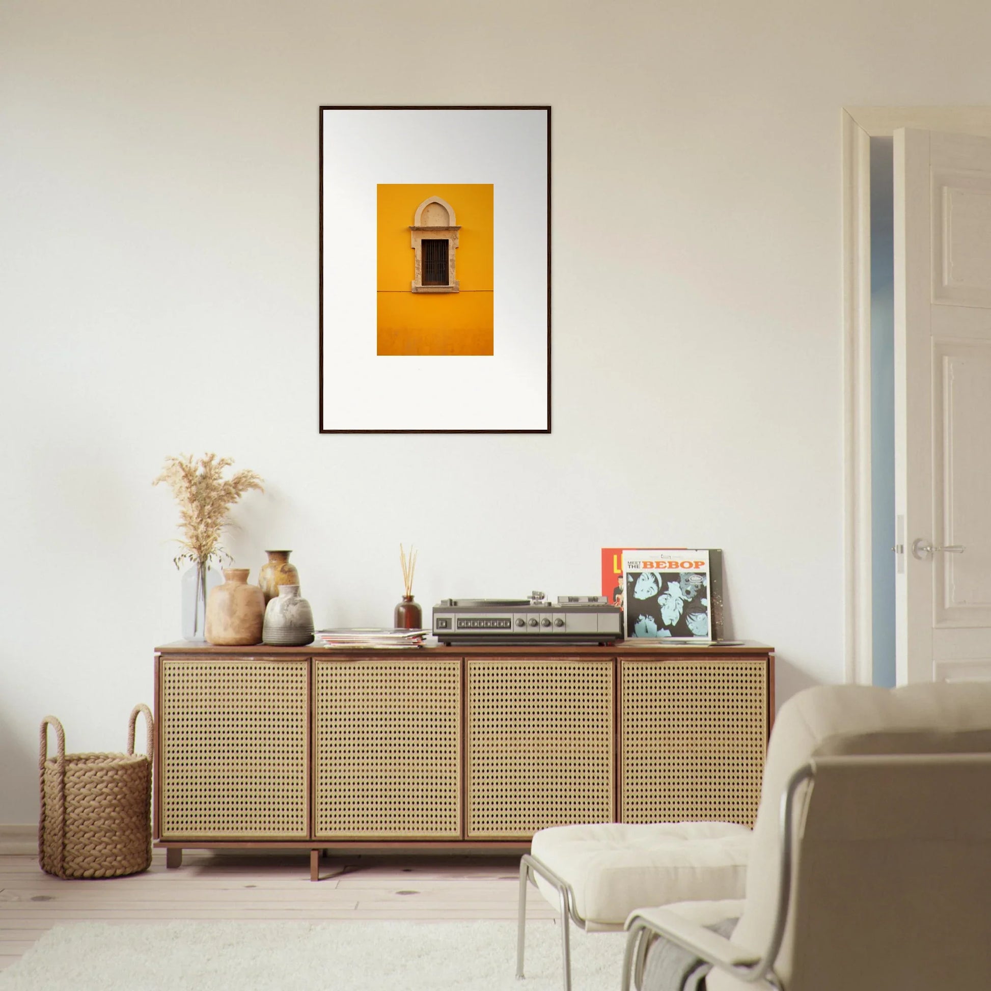Rattan-fronted wooden credenza with four doors from the Golden Correspondence Portal