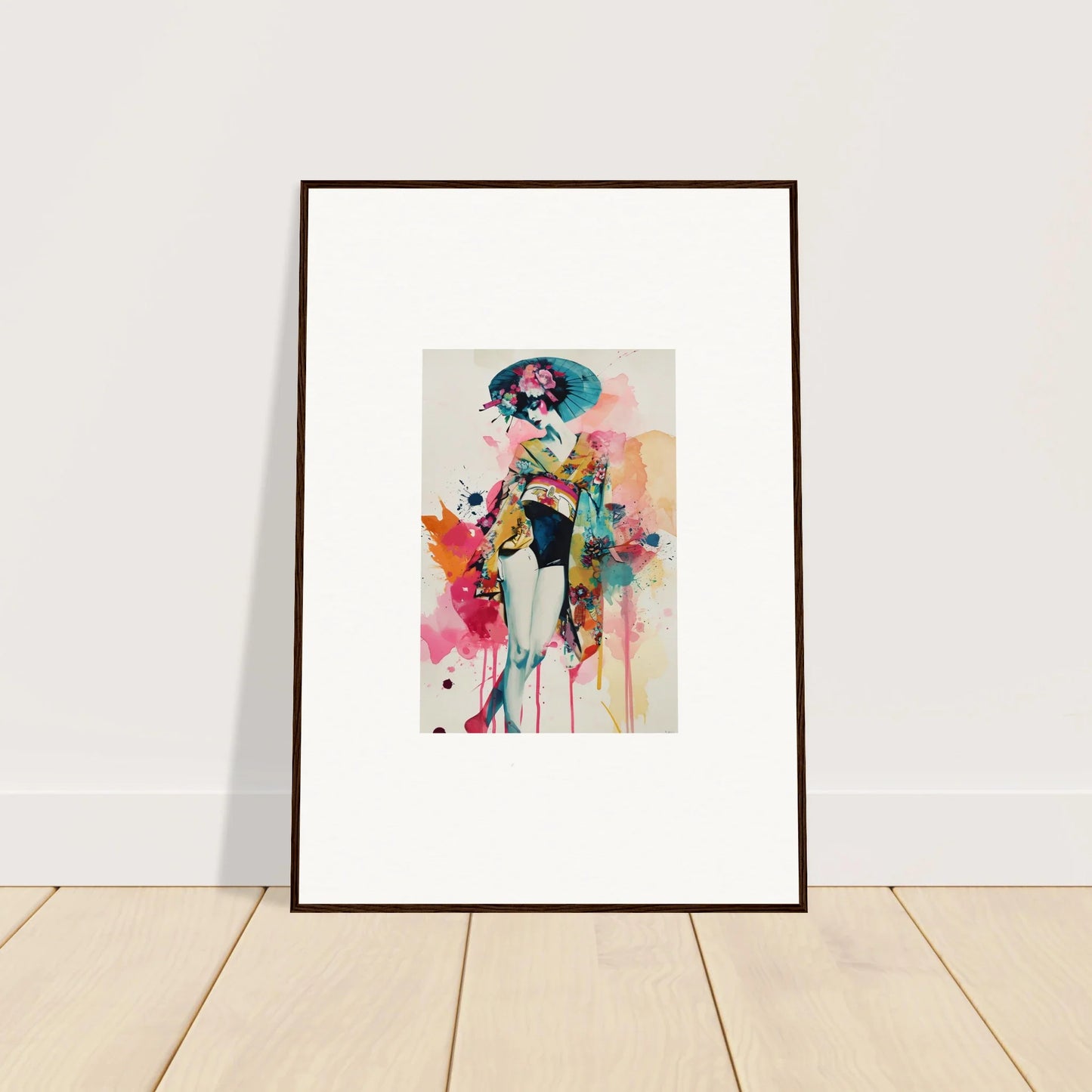 Framed watercolor wall art featuring a stylized figure for vibrant room decoration
