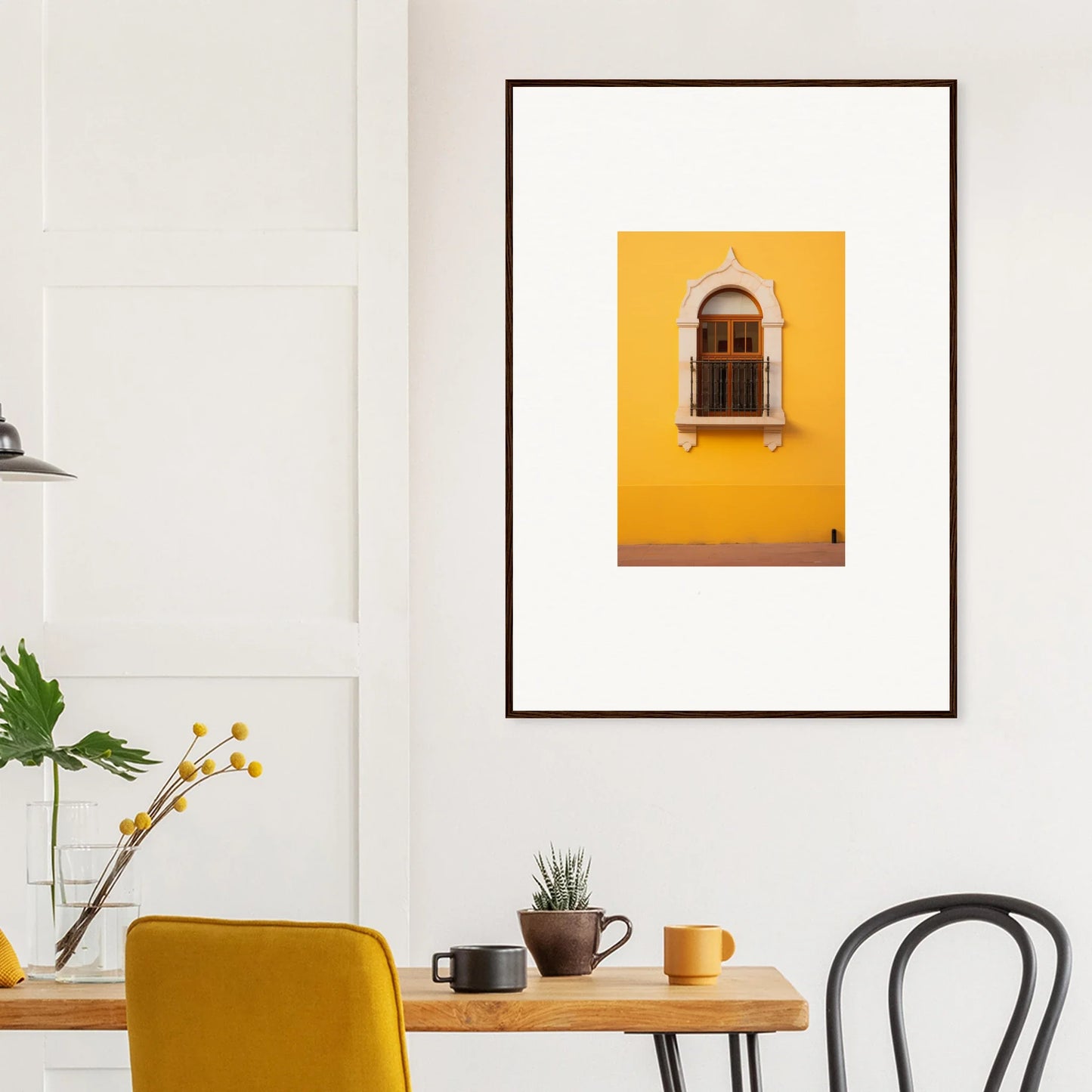 Framed arched window art on yellow wall, part of Golden Portal Reverie collection