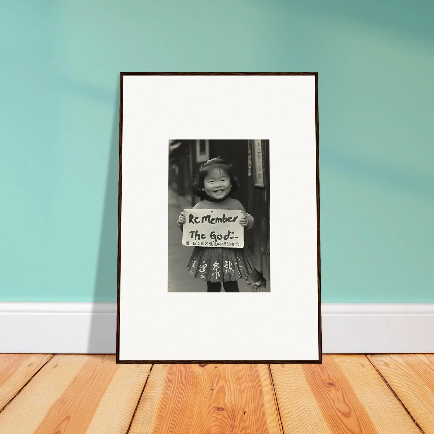 Framed black and white photo of a person with a handwritten sign for Sacred Smile Echoes