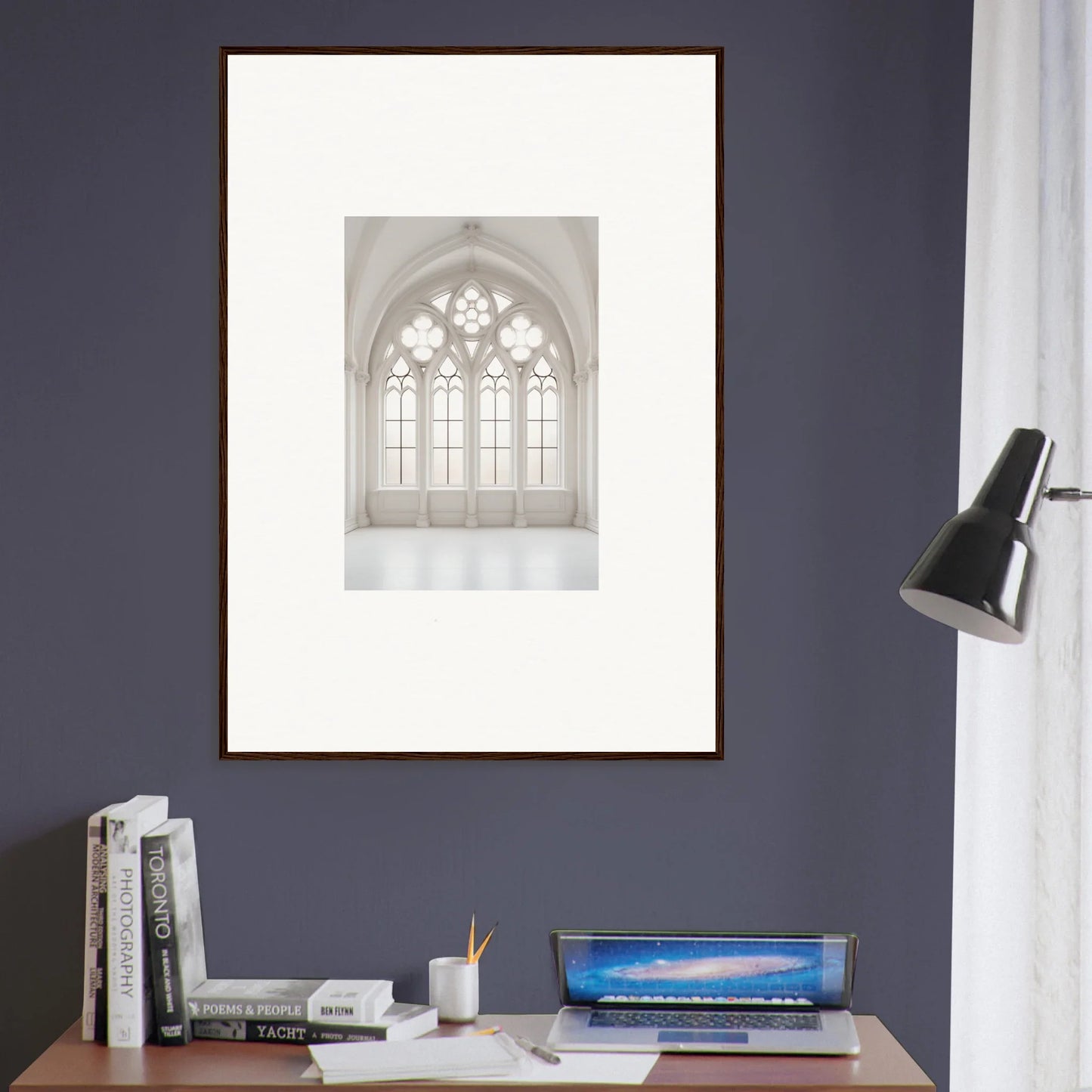 Framed black and white photo of a Gothic church window for Ethereal Light Elegy art