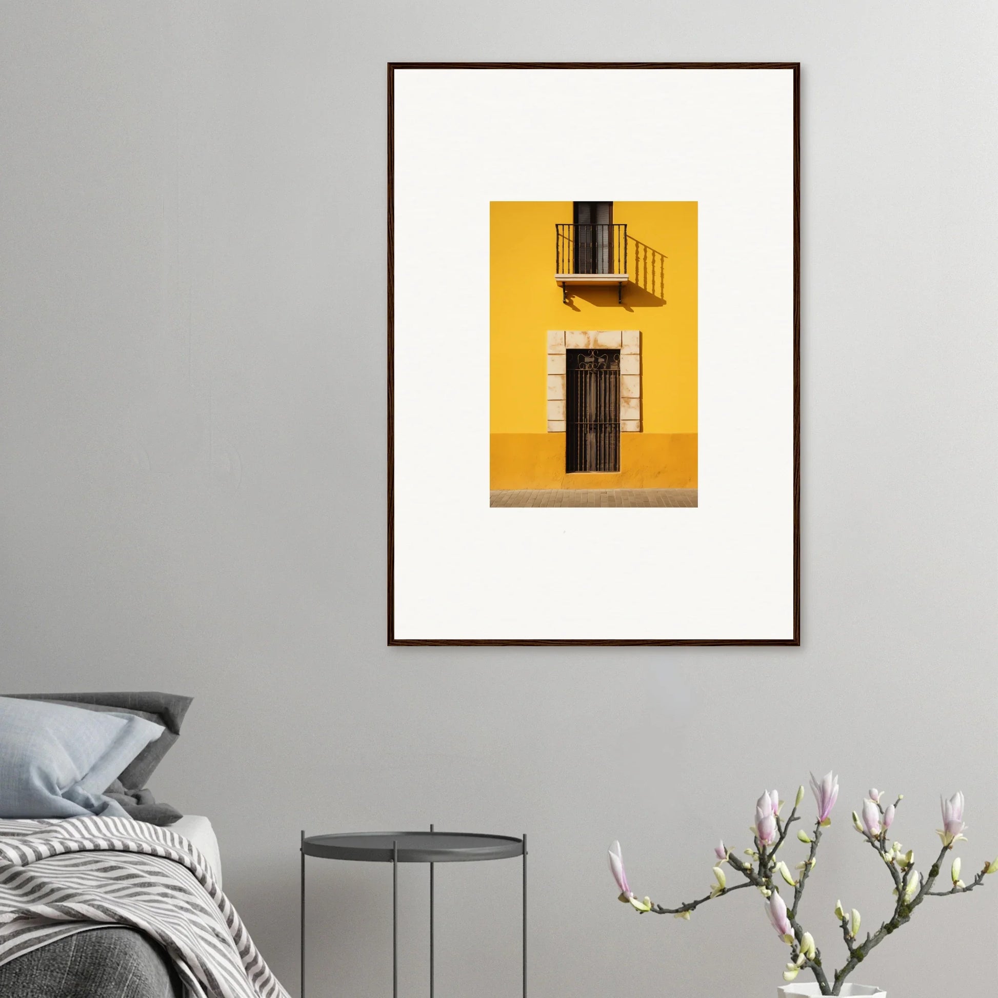 Framed art print of a yellow building facade from Sun Custard Symphonies special edition art™