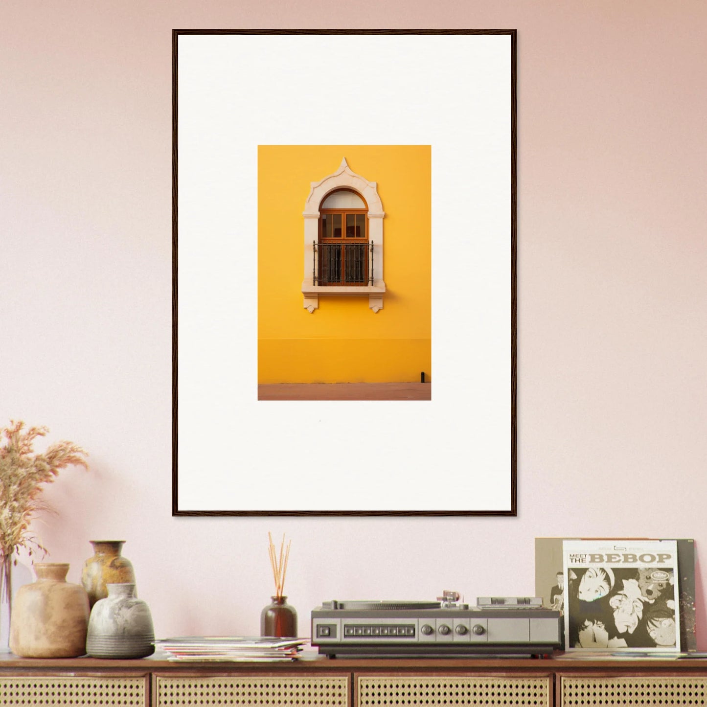 Framed photograph of an ornate window on a yellow wall from Golden Portal Reverie