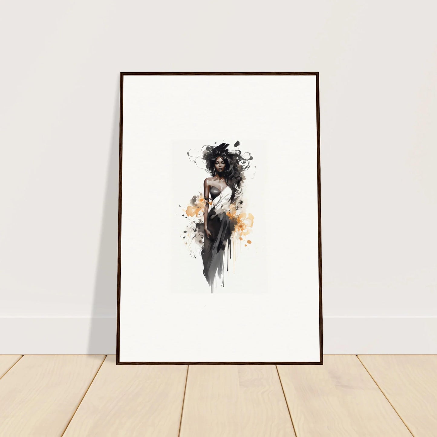 Framed black and orange watercolor of a feminine figure in Harlequin Suns Wash