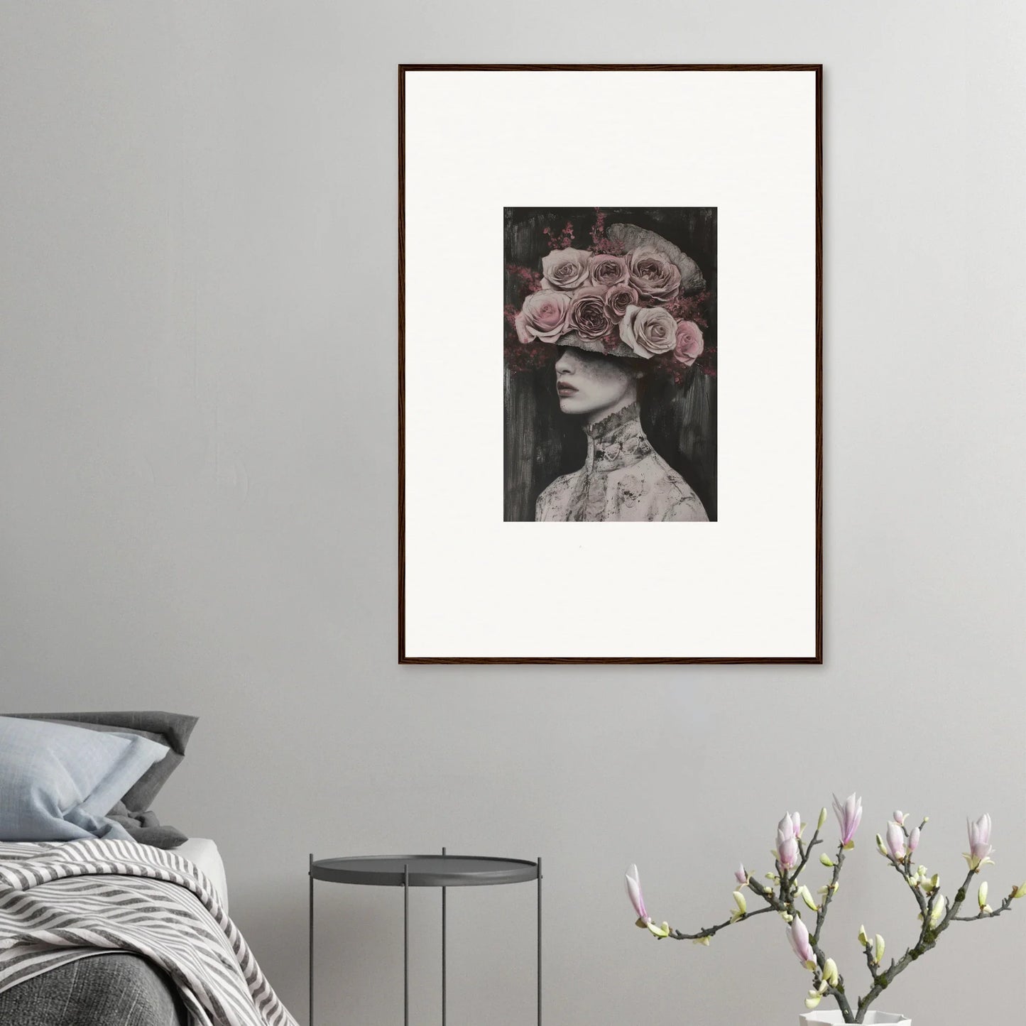 Framed black and white art print of a figure in roses, ideal for Floral Odyssey Veil decor
