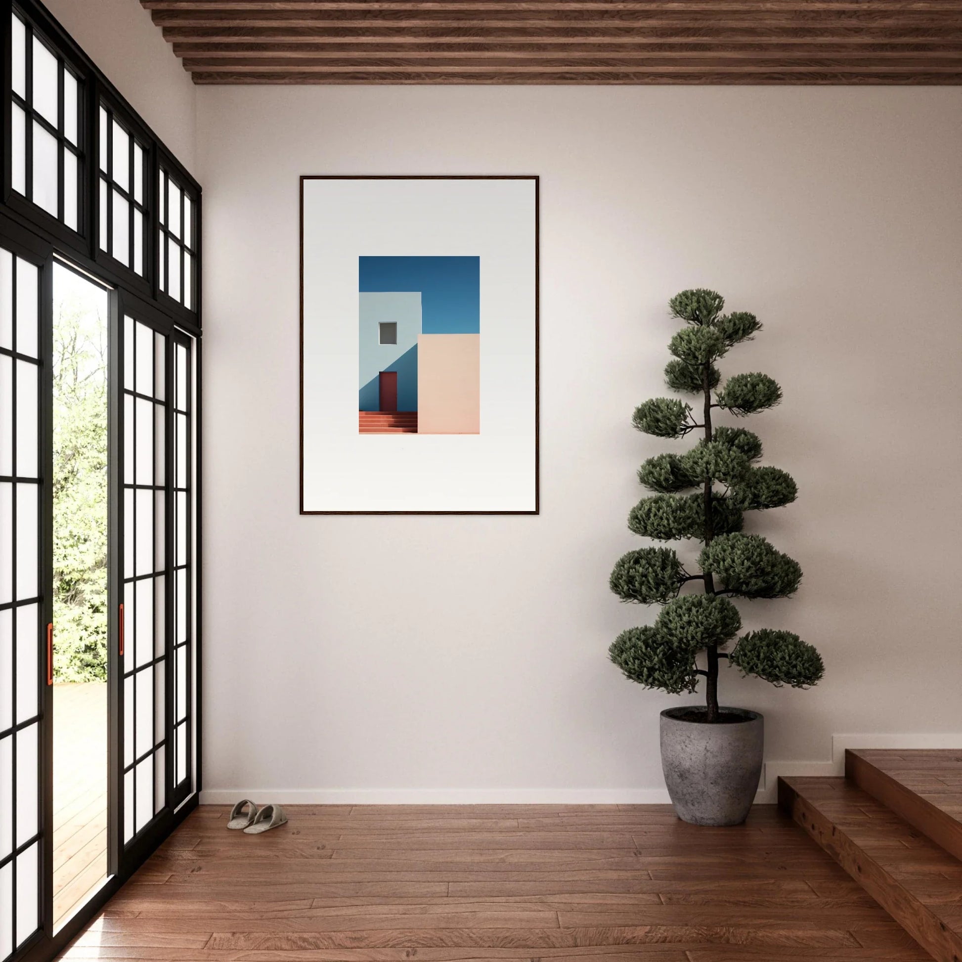 Framed minimalist artwork Tangents of Porcelain with blue and orange geometric shapes