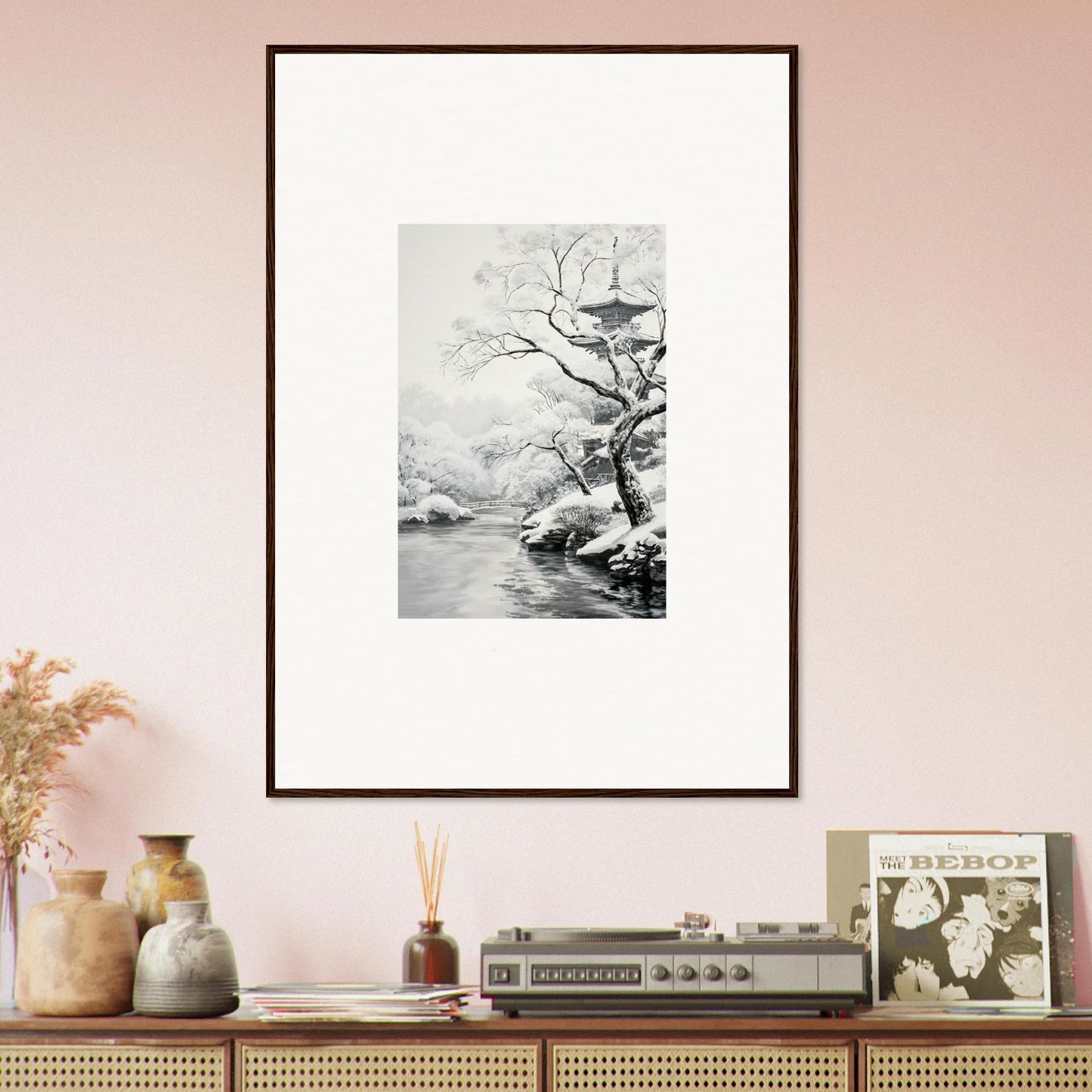 Framed black and white artwork of a winter tree branch with a bird for Metaphysical Winter Reverie