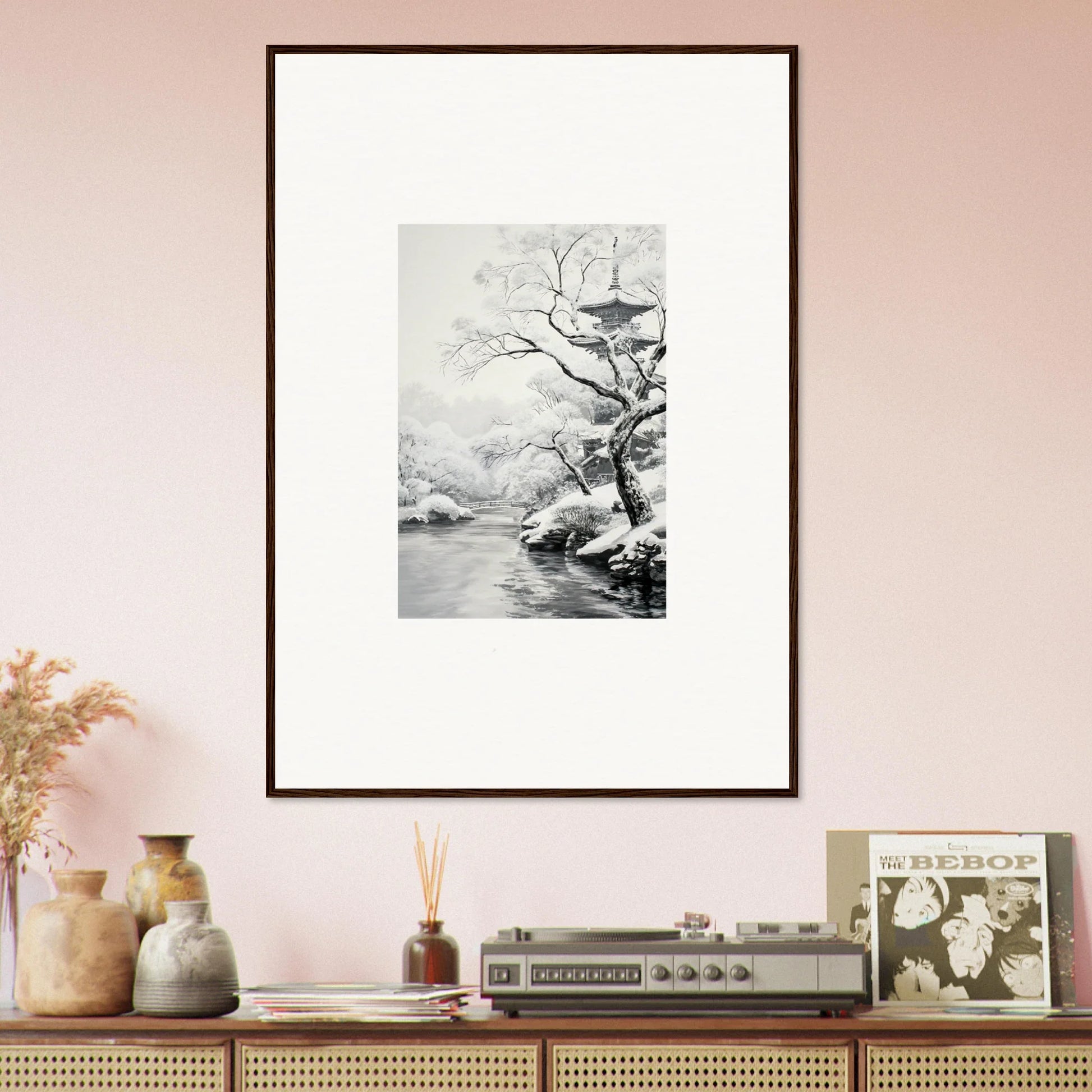 Framed black and white artwork of a winter tree branch with a bird for Metaphysical Winter Reverie