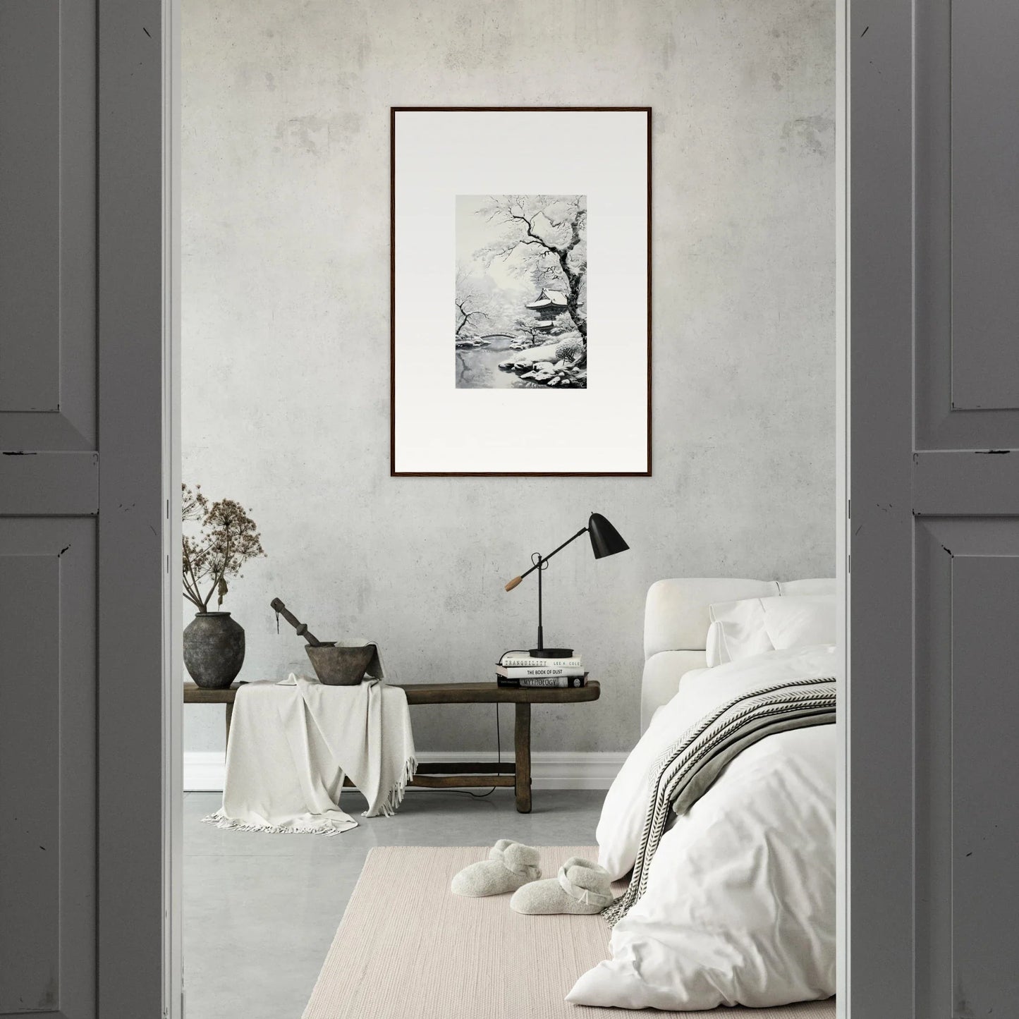 Framed black and white art of a bare tree in a minimalist landscape, Winter Embrace Whisper